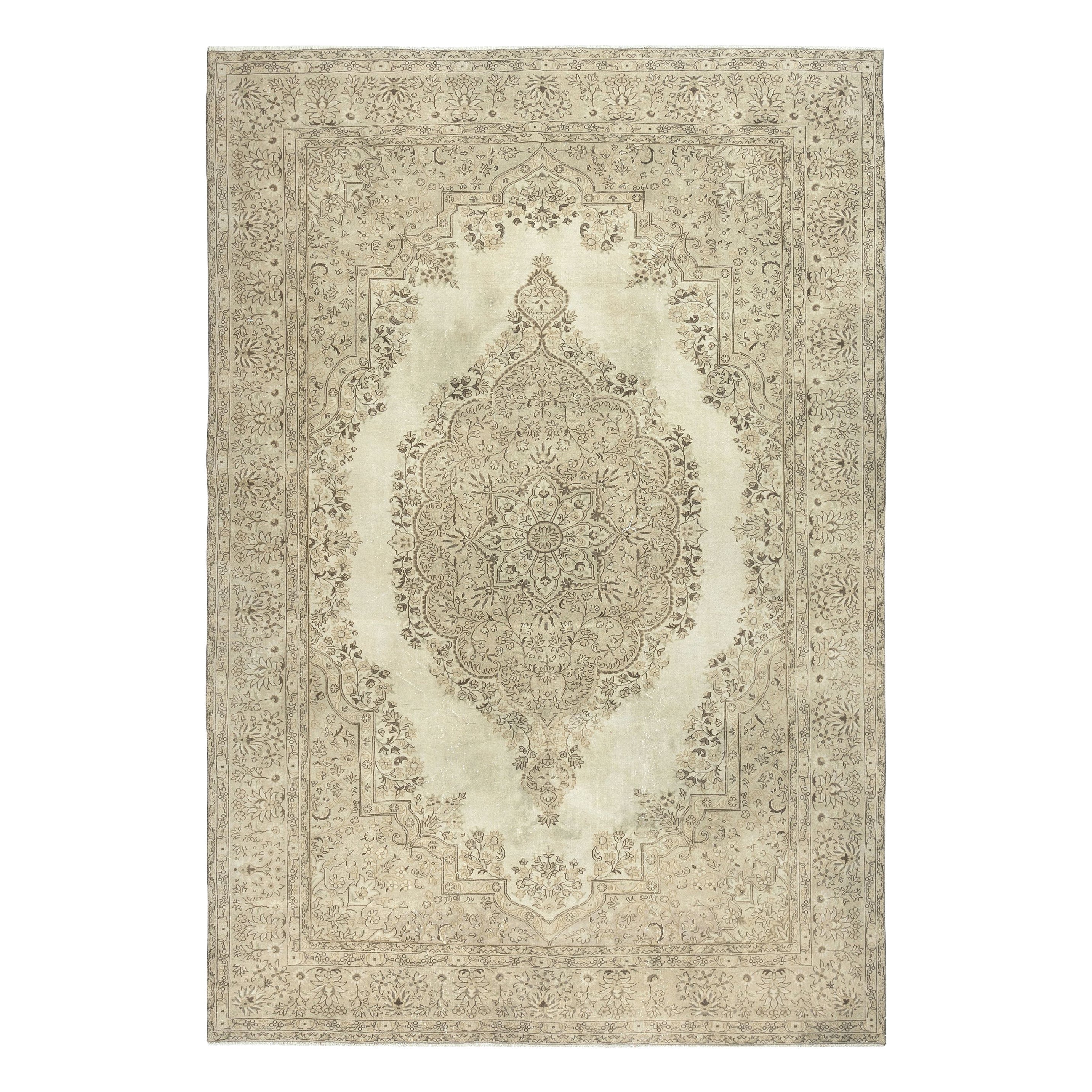 6.8x10 Ft One of a kind Vintage Beige Turkish Rug. Handmade Sun Faded Carpet