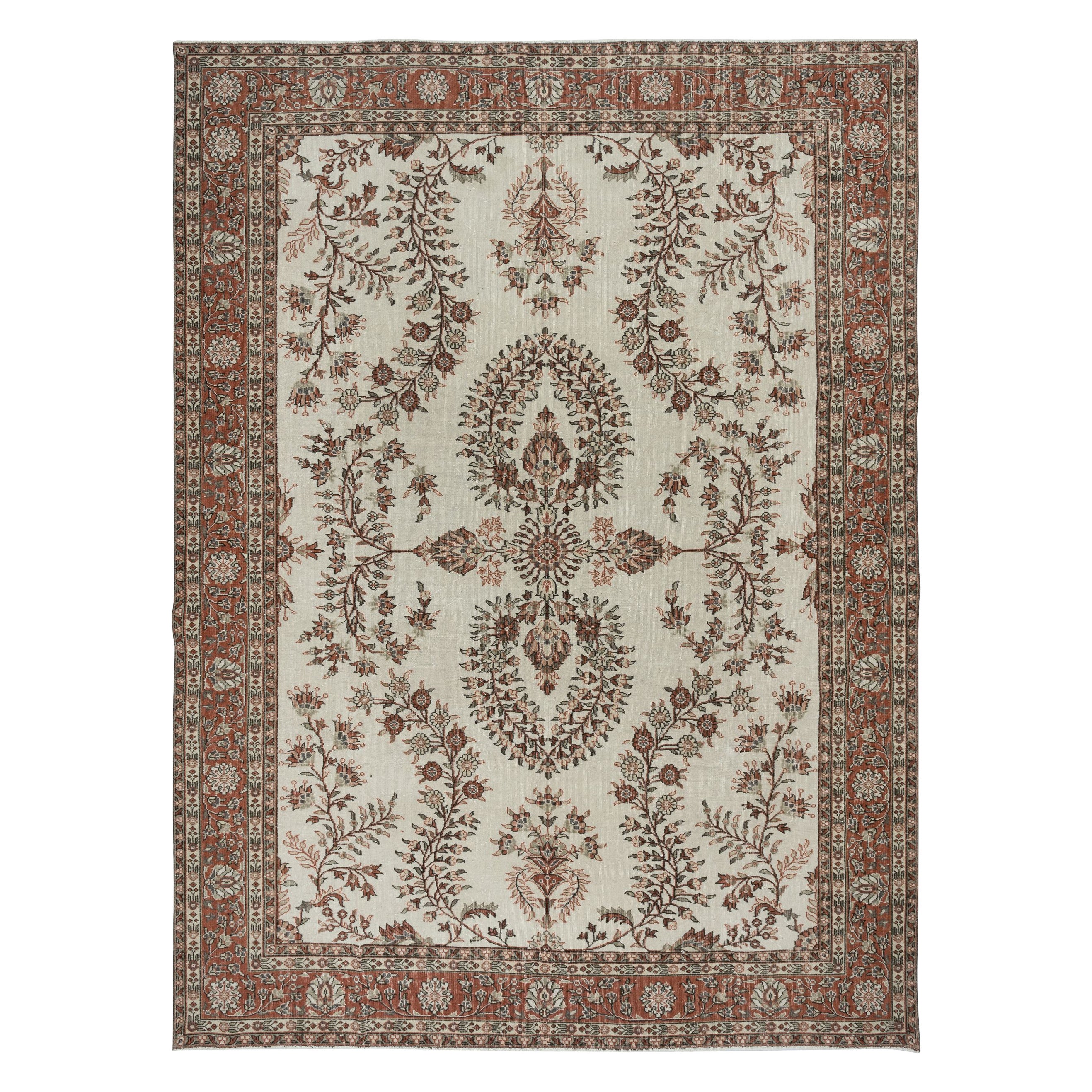 9.6x12.8 Ft One of a kind Vintage Rug in Beige & Red. Handmade Turkish Carpet For Sale