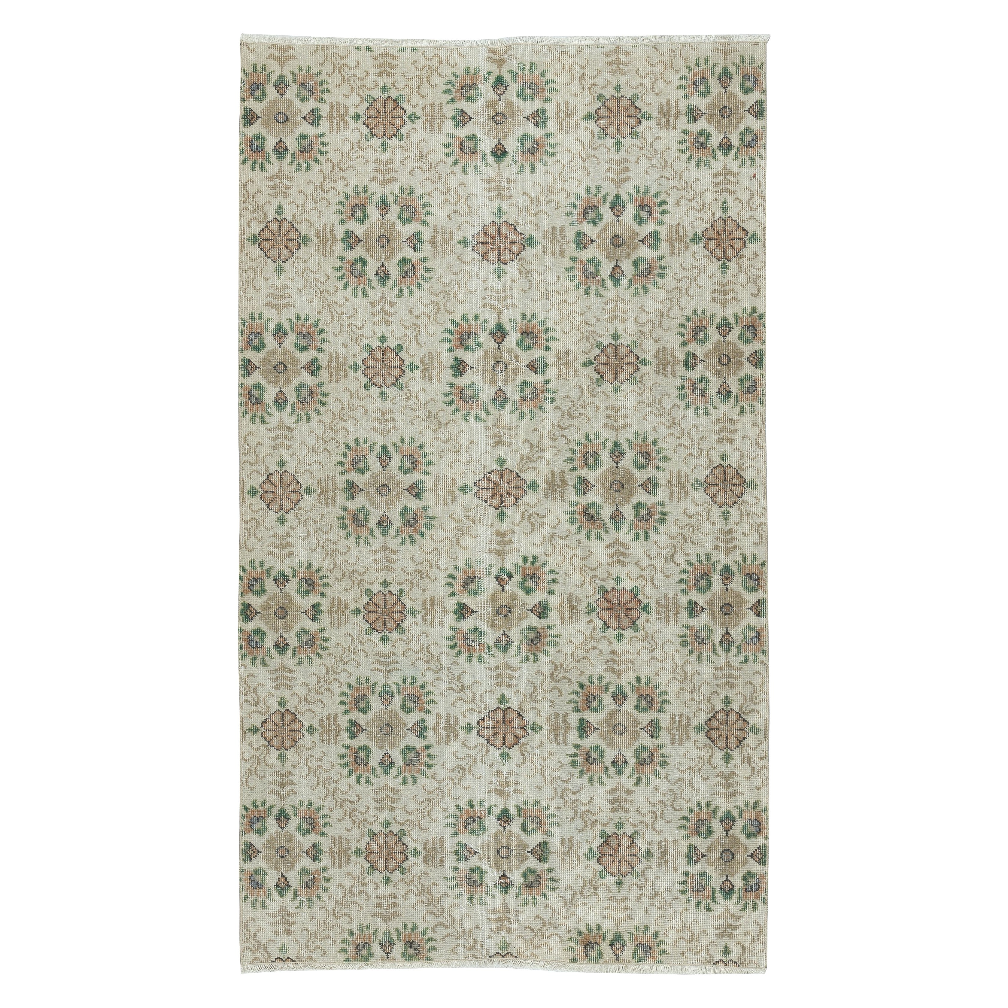 3.8x6.7 Ft One of a pair Vintage Handmade Turkish Accent Rug with Floral Design