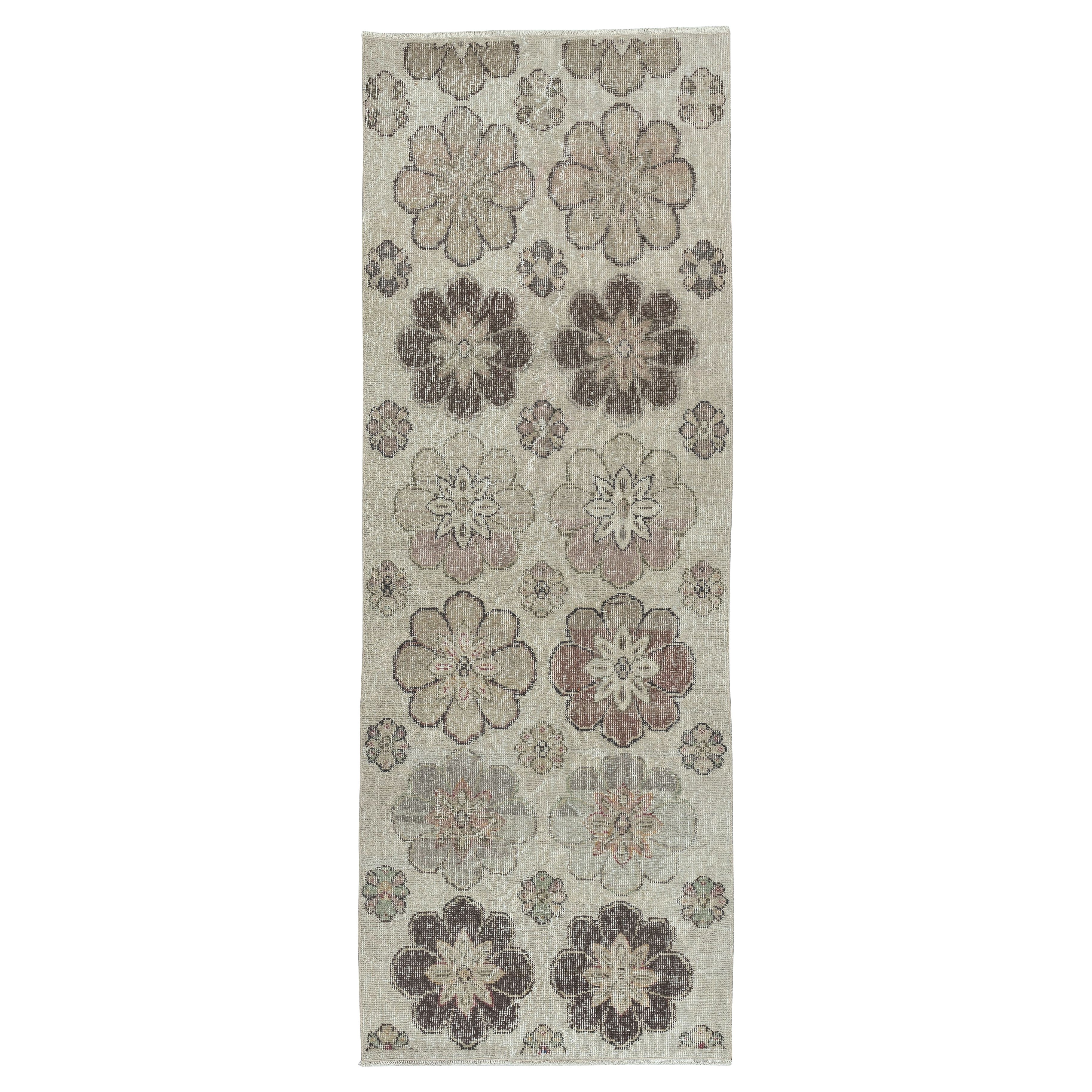 Alfombra turca de acento beige vintage hecha a mano con diseño floral, 2,8x7,5 pies