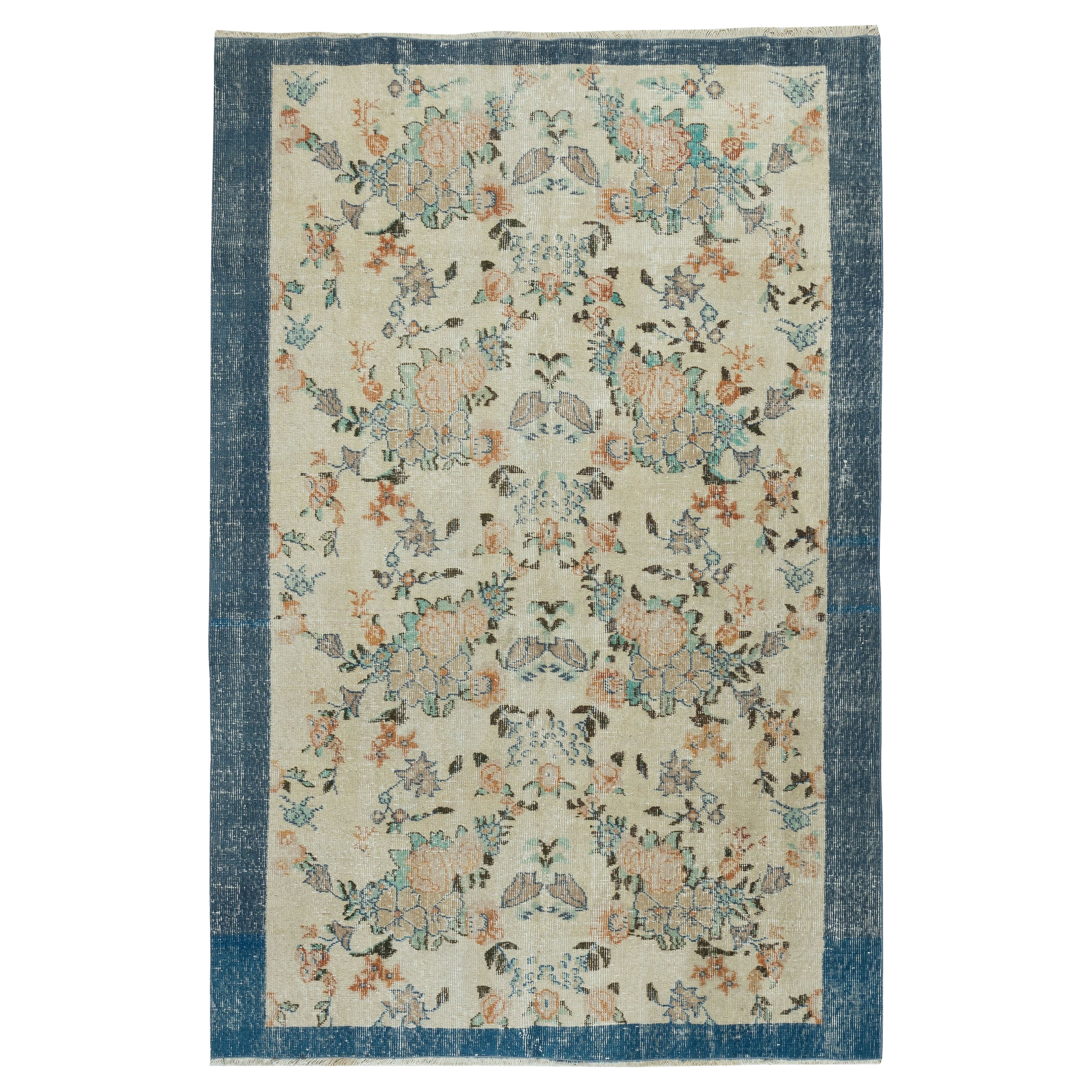 5x7.4 Ft Vintage Hand-Made Beige Rug with Floral Design & Solid Navy Blue Border