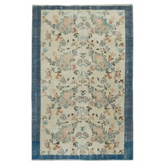 5x7.4 Ft Vintage Hand-Made Beige Teppich mit Floral Design & Solid Marineblau Grenze