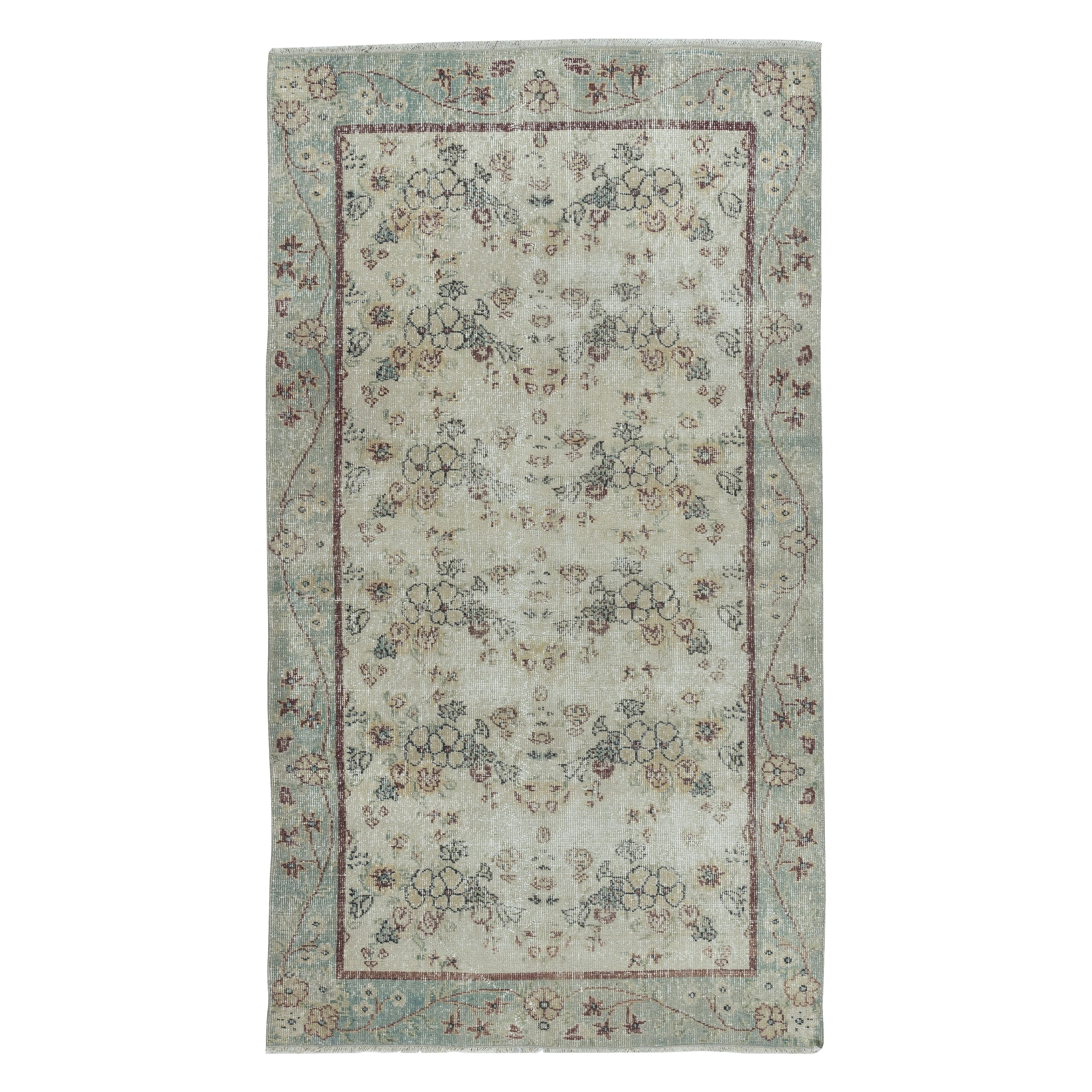 4x7 Ft Decorative Vintage Handmade Beige Turkish Accent Rug with Floral Design