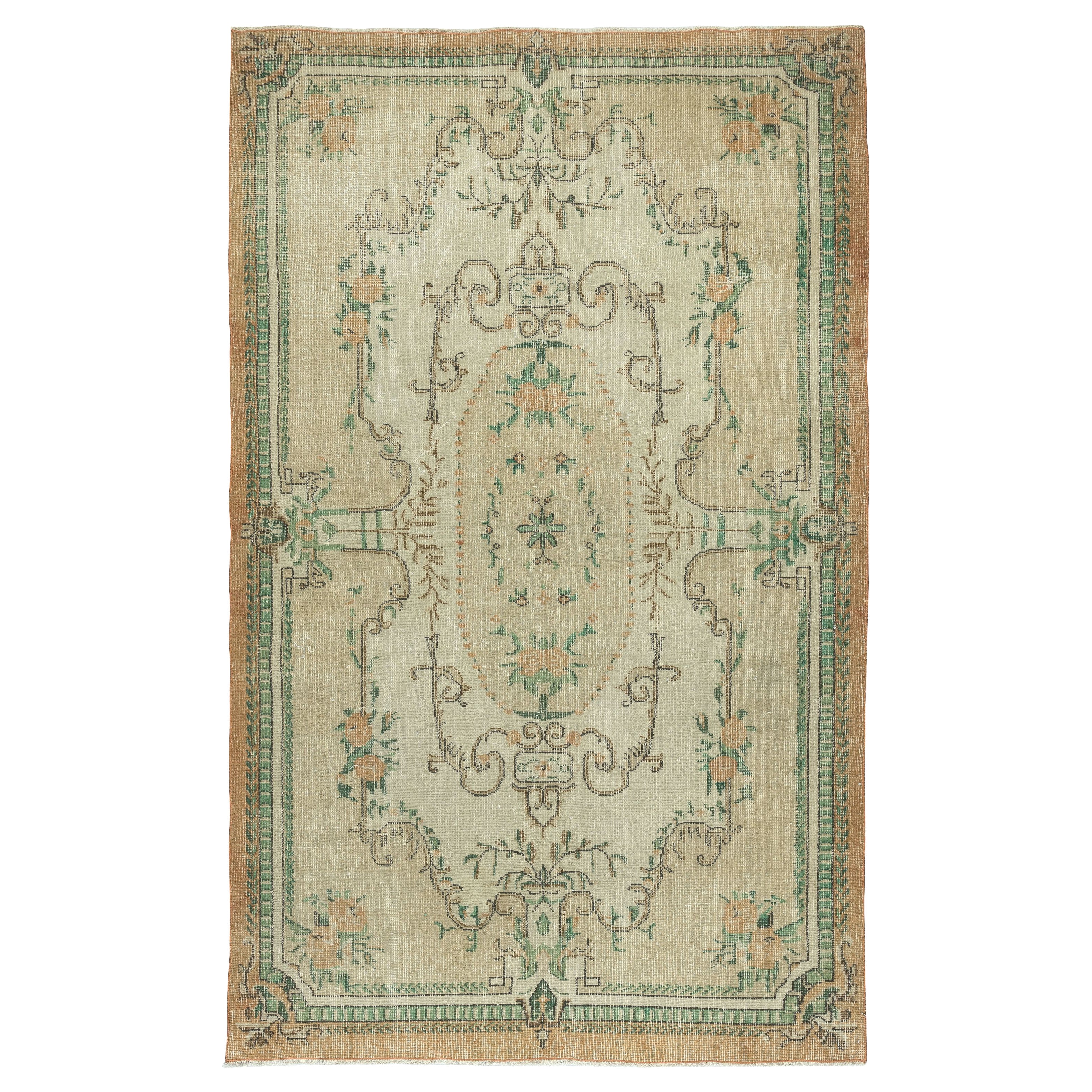 Alfombra de lana turca inspirada en el aubusson francés vintage hecho a mano de 5,4 x 8,8 pies