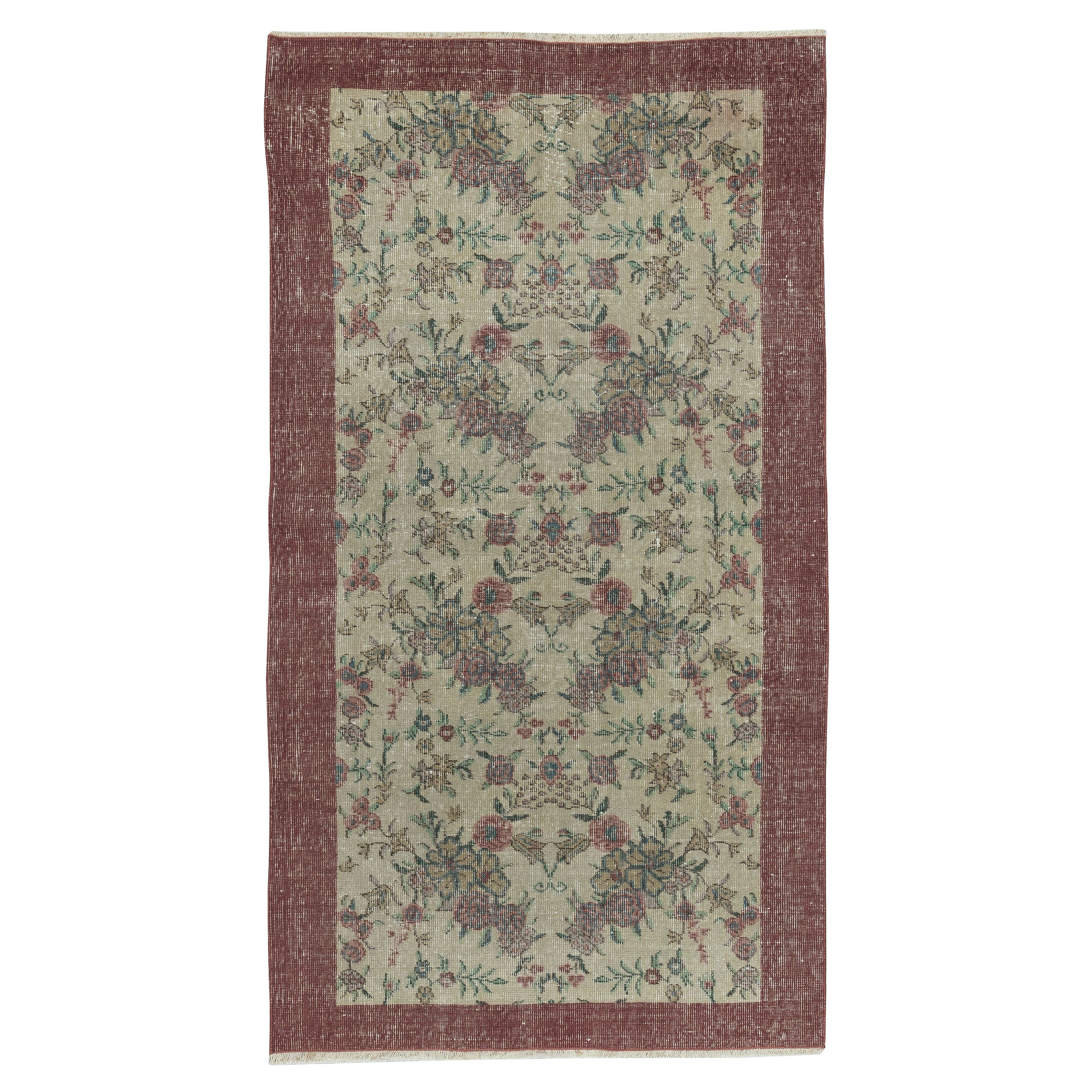 3.6x6.5 Ft 1960s Handmade Beige Turkish Rug with Floral Design, Solid Red Border