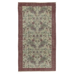 Tappeto turco beige fatto a mano degli anni '60 con design floreale e bordo rosso solido, 3,6x6,5 piedi