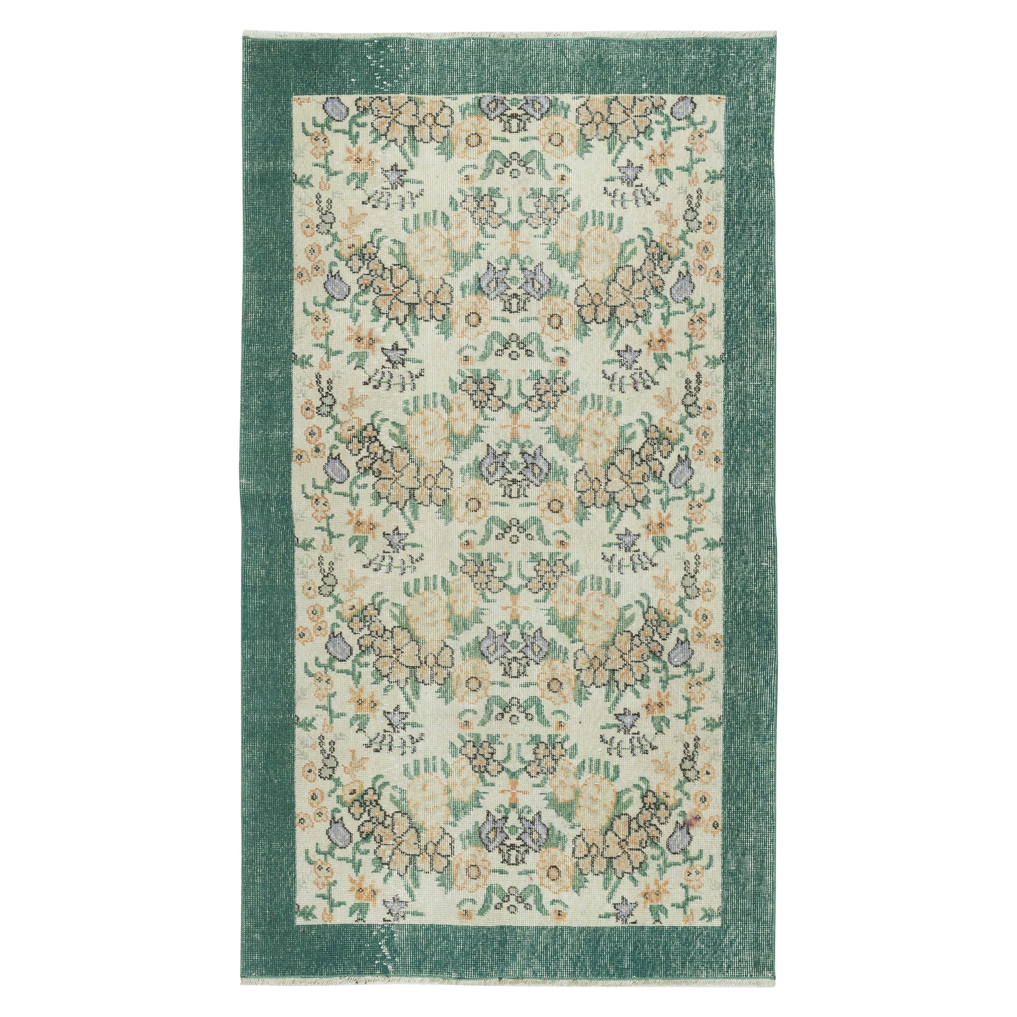 3.8x6.6 Ft Vintage Handmade Turkish Rug with Floral Design & Solid Green Border