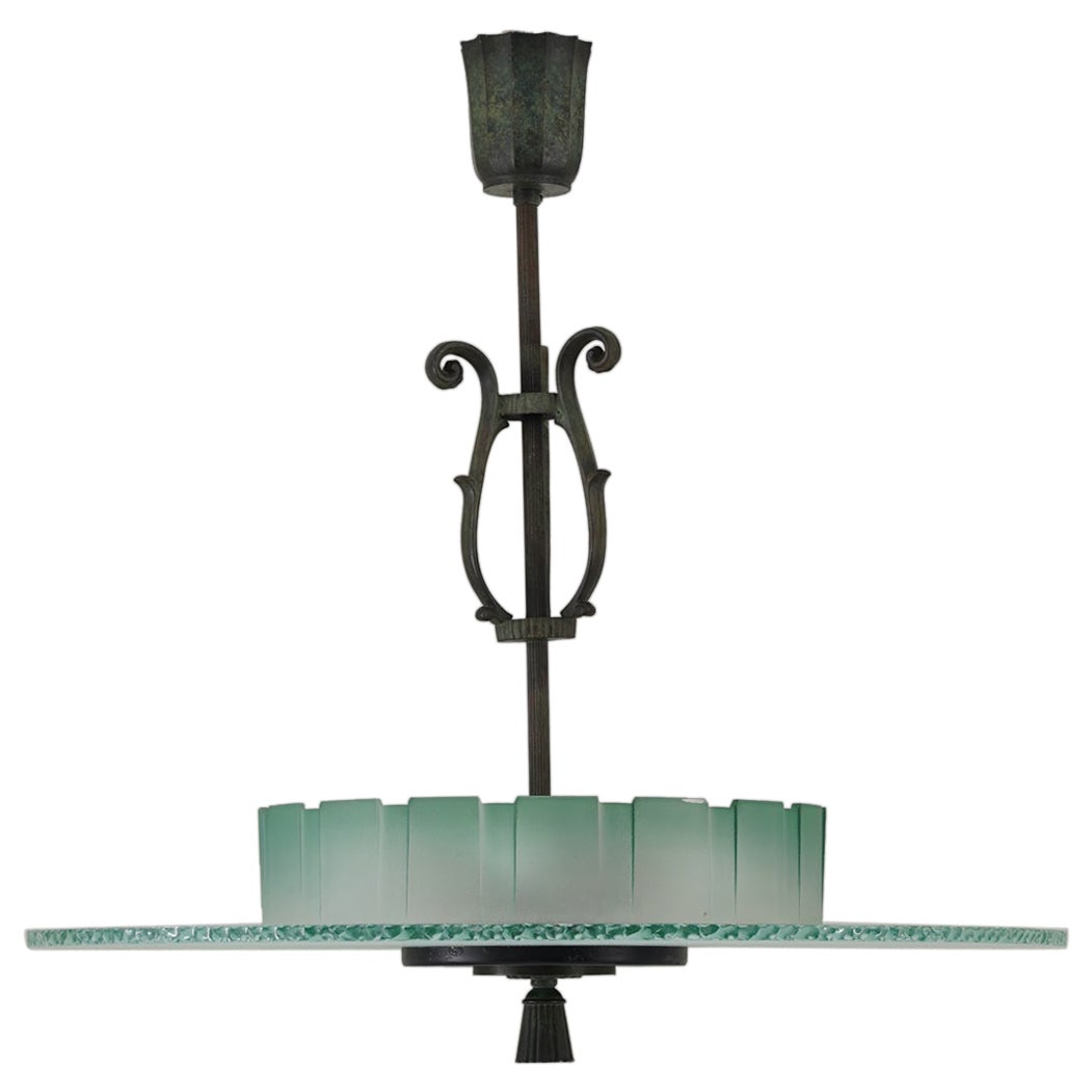 Swedish art Deco Chandelier in Glass and Patinated Brass