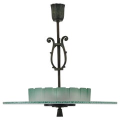 Swedish art Deco Chandelier in Glass and Patinated Brass