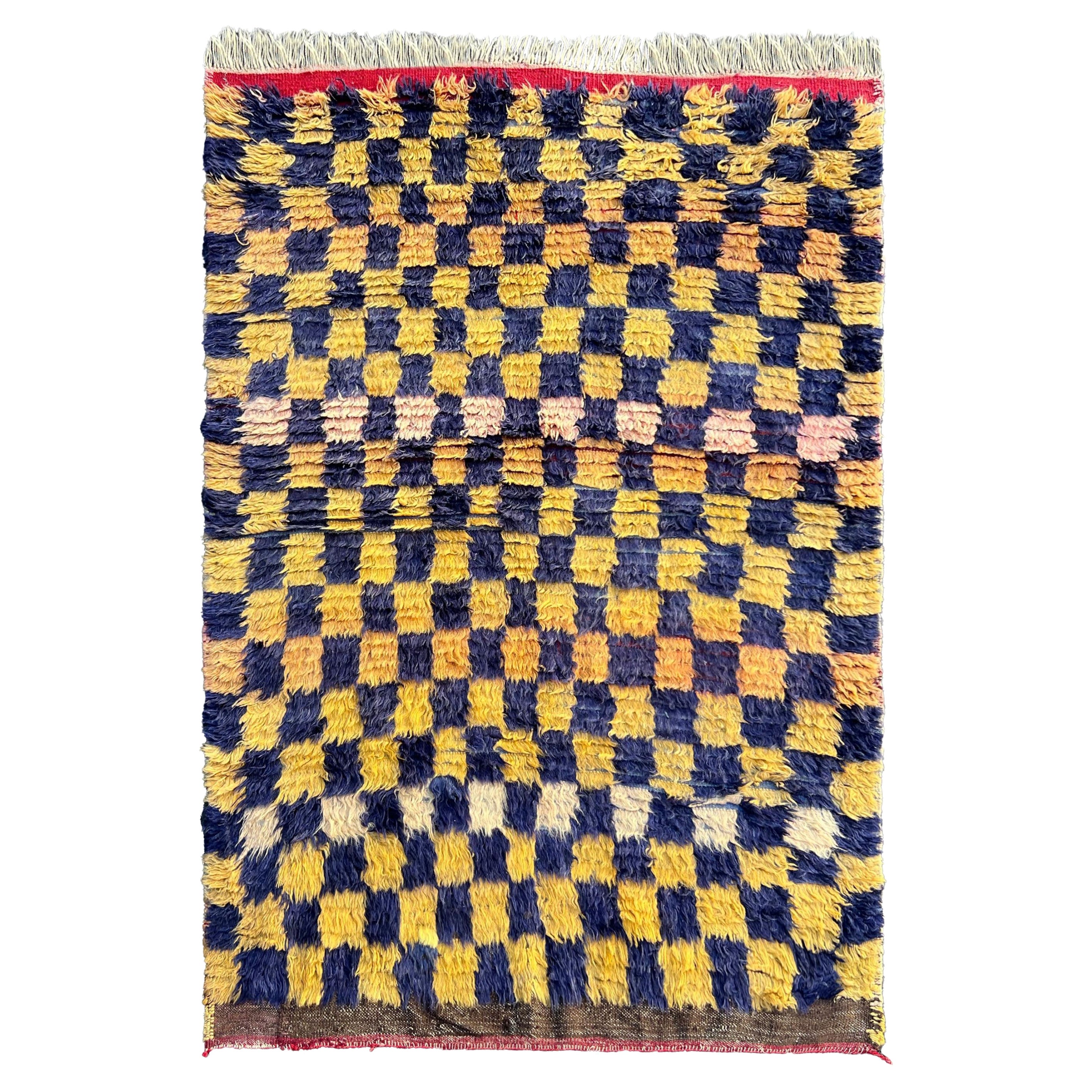 4x6 Ft Vintage Handmade Turkish Tulu Rug with Checkered Design. Circa 1950