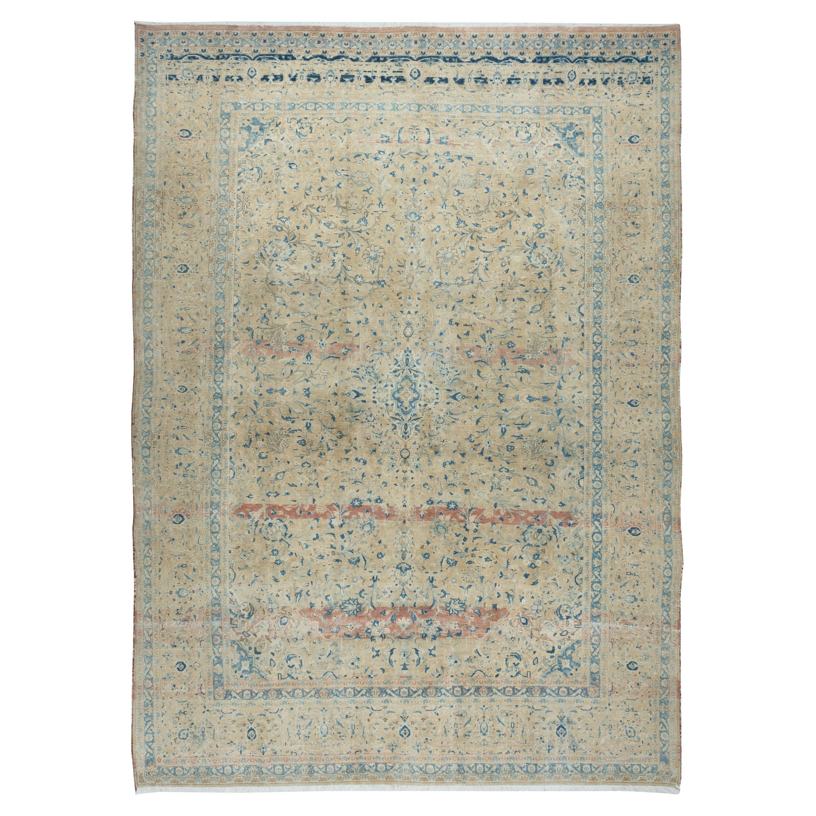 9.2x13 Ft One of a kind Vintage Beige Large Area Rug, Handmade Turkish Carpet For Sale