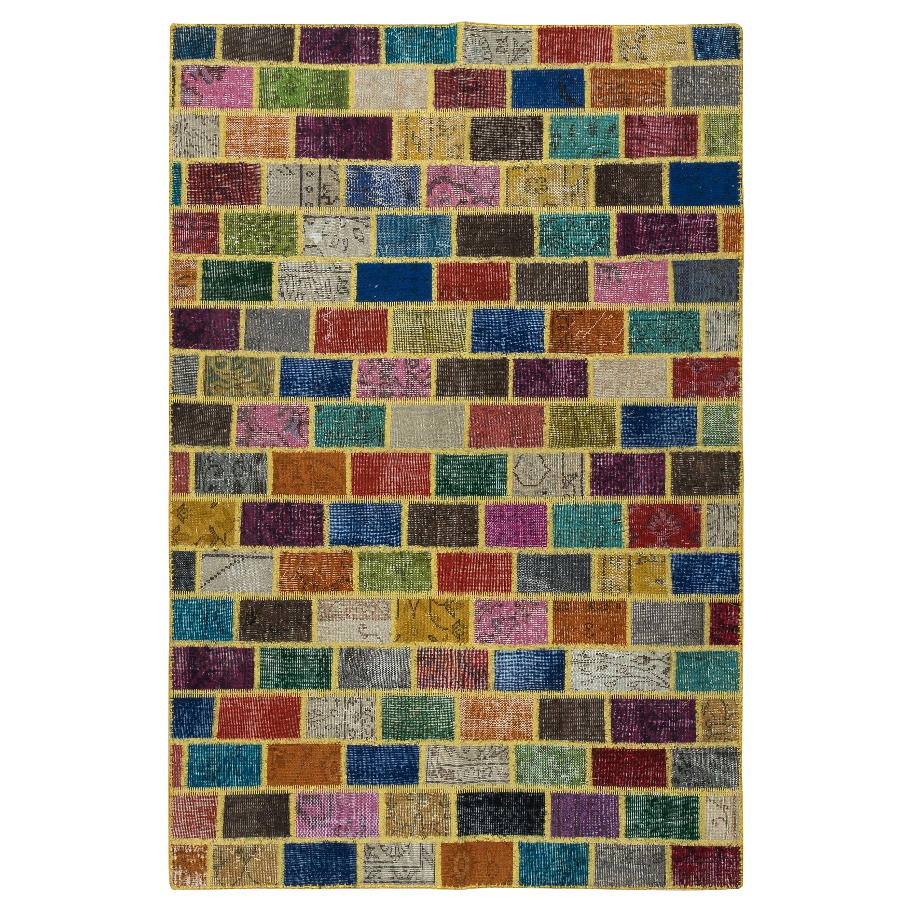 5x7.4 Ft Modern Bohemian Patchwork Rug. Handmade from Re-Dyed Vintage Carpets