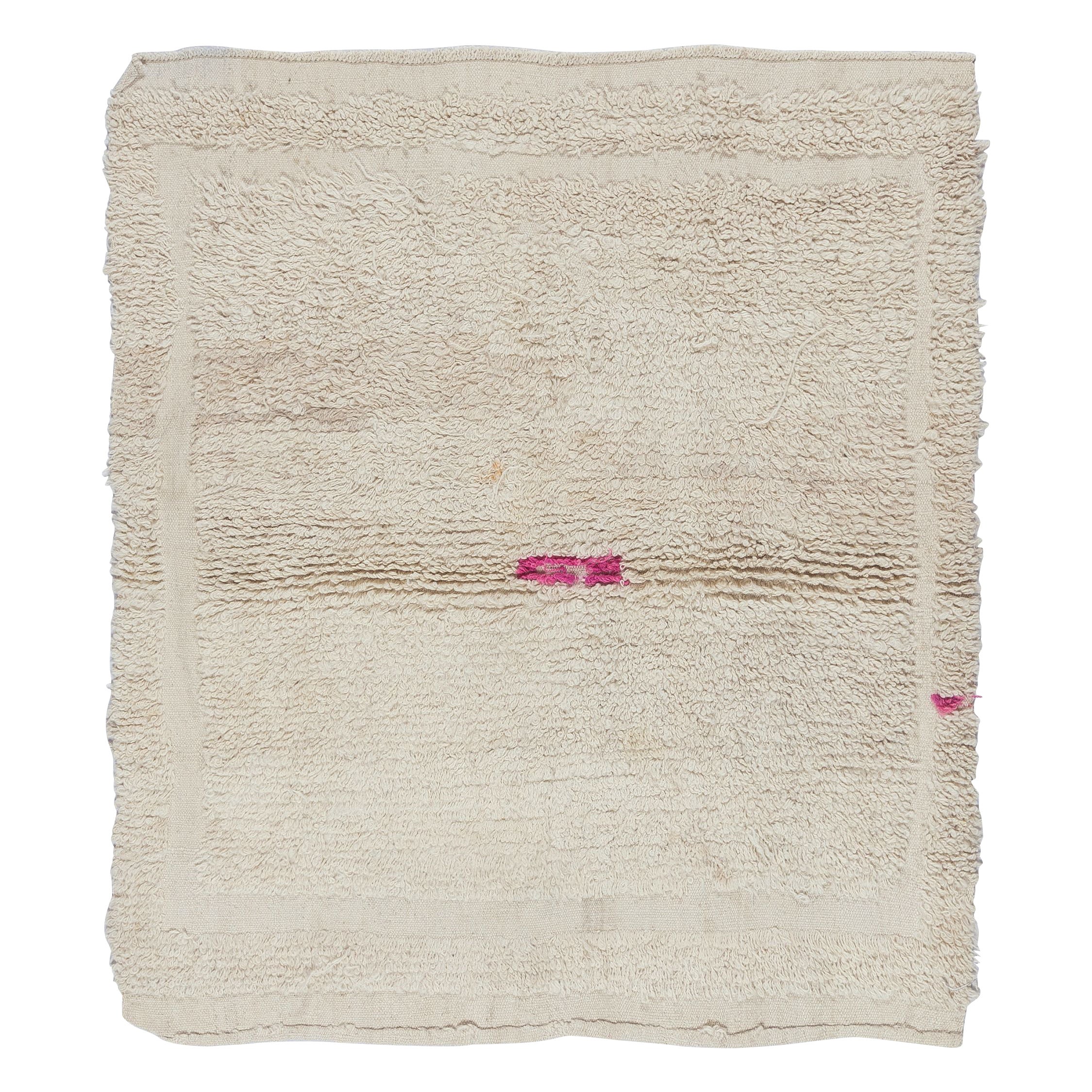 3x3 Ft Minimalist Vintage Anatolian "Tulu" Rug in Solid Beige, 100% Natural Wool