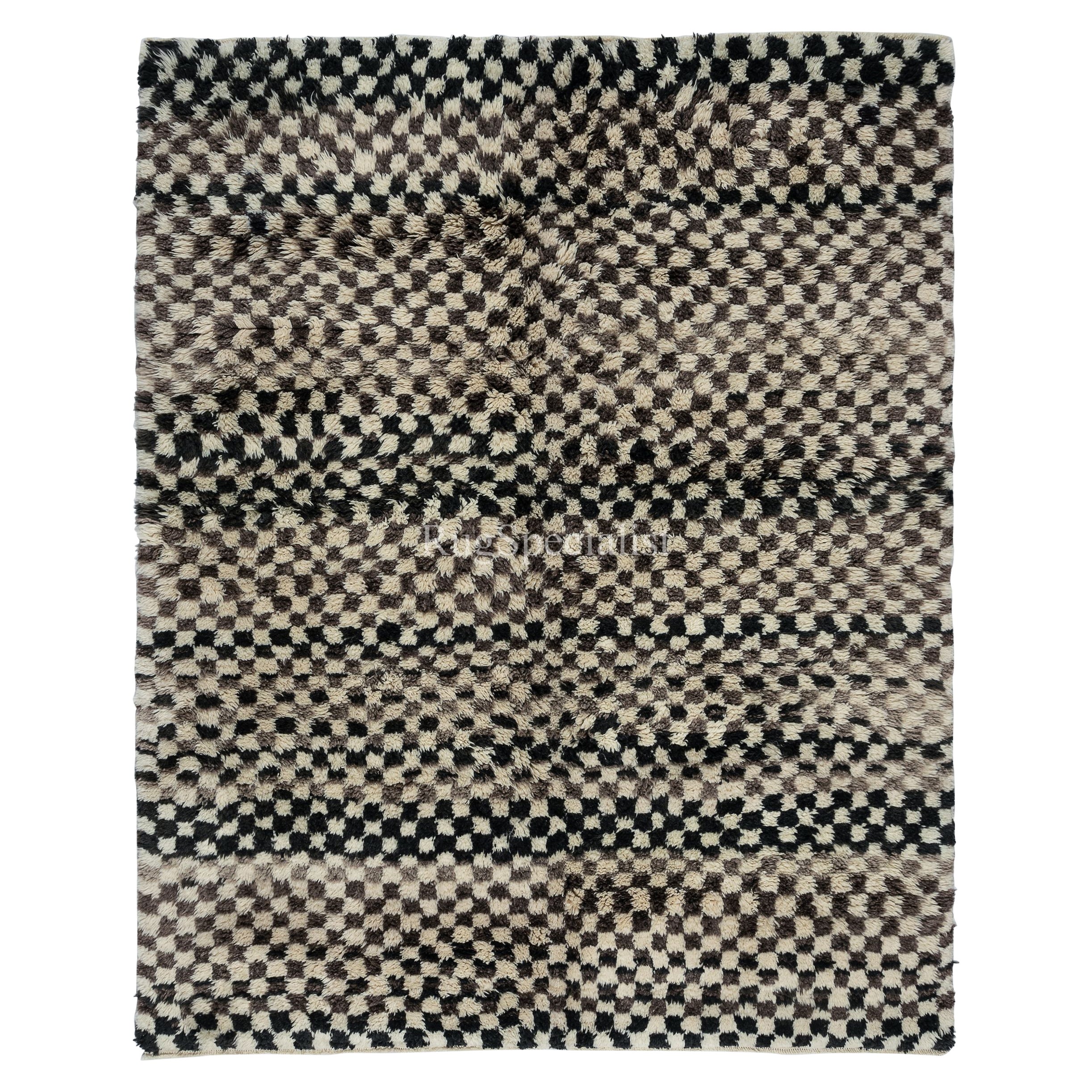 Alfombra Tulu a Cuadros Hecha a Mano de 7,4x9,2 Pies en Beige, Negro y Negro, 100% Lana Suave