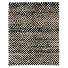 7.4x9.2 Ft Checkered Handmade Tulu Rug in Beige, Black & Black, 100% Soft Wool