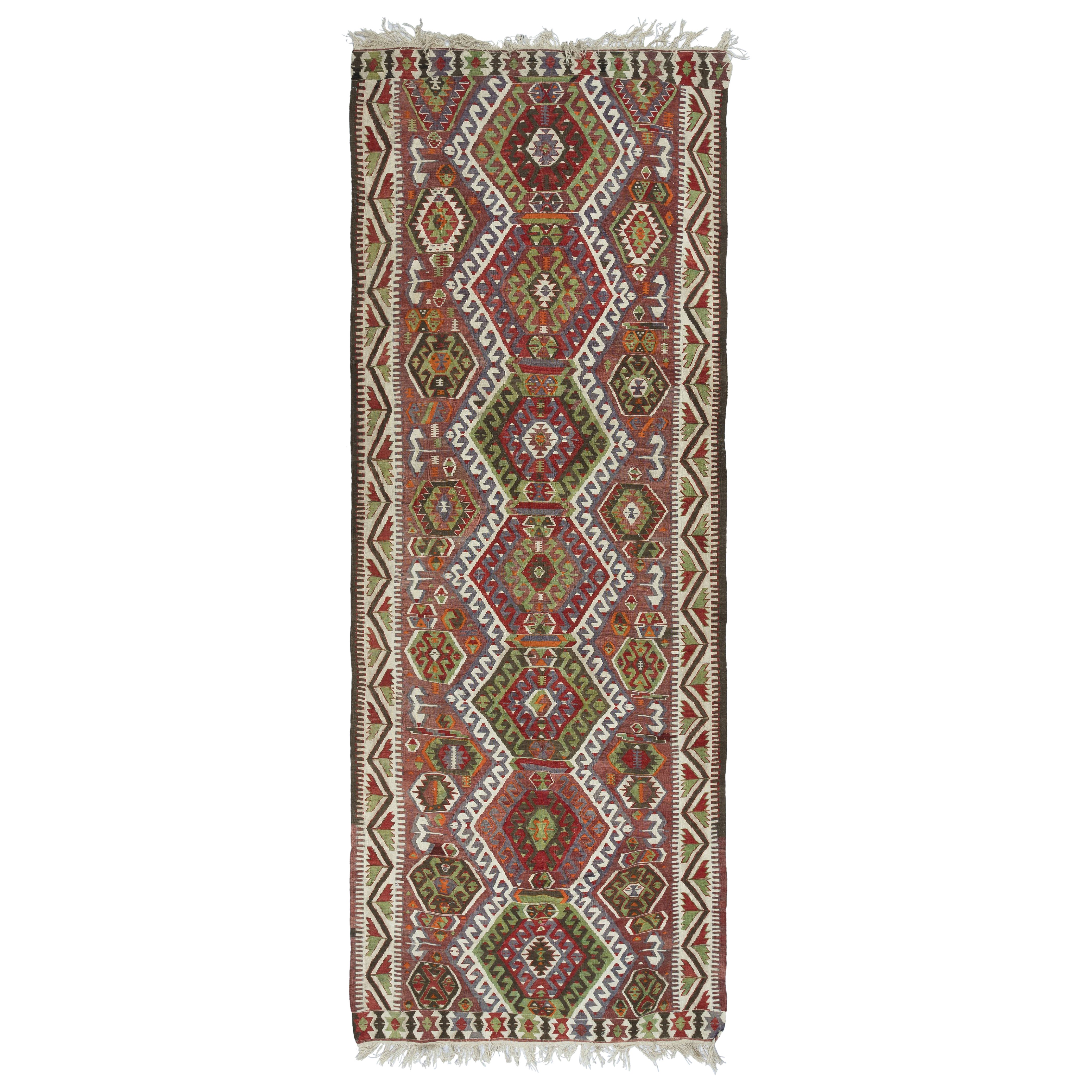 5x13.5 Ft Alfombra Kilim Turca Vintage de Corredor con Patrones Geométricos. 100% Lana