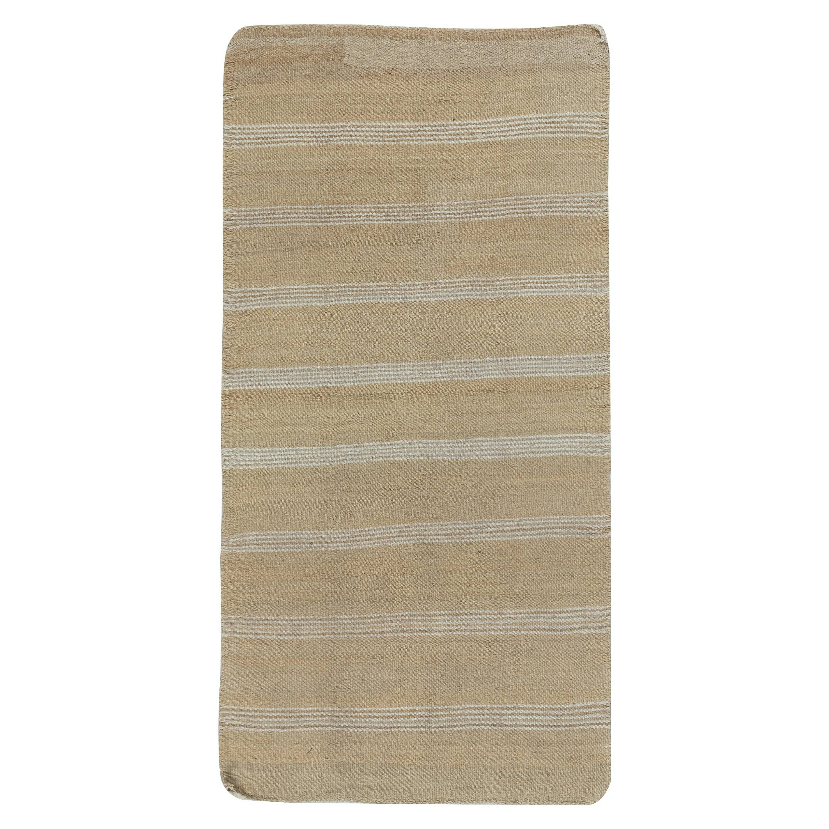 27x57 in Hand-Woven Striped Turkish Kilim. 100% Wool. Vintage Flat-Weave Rug
