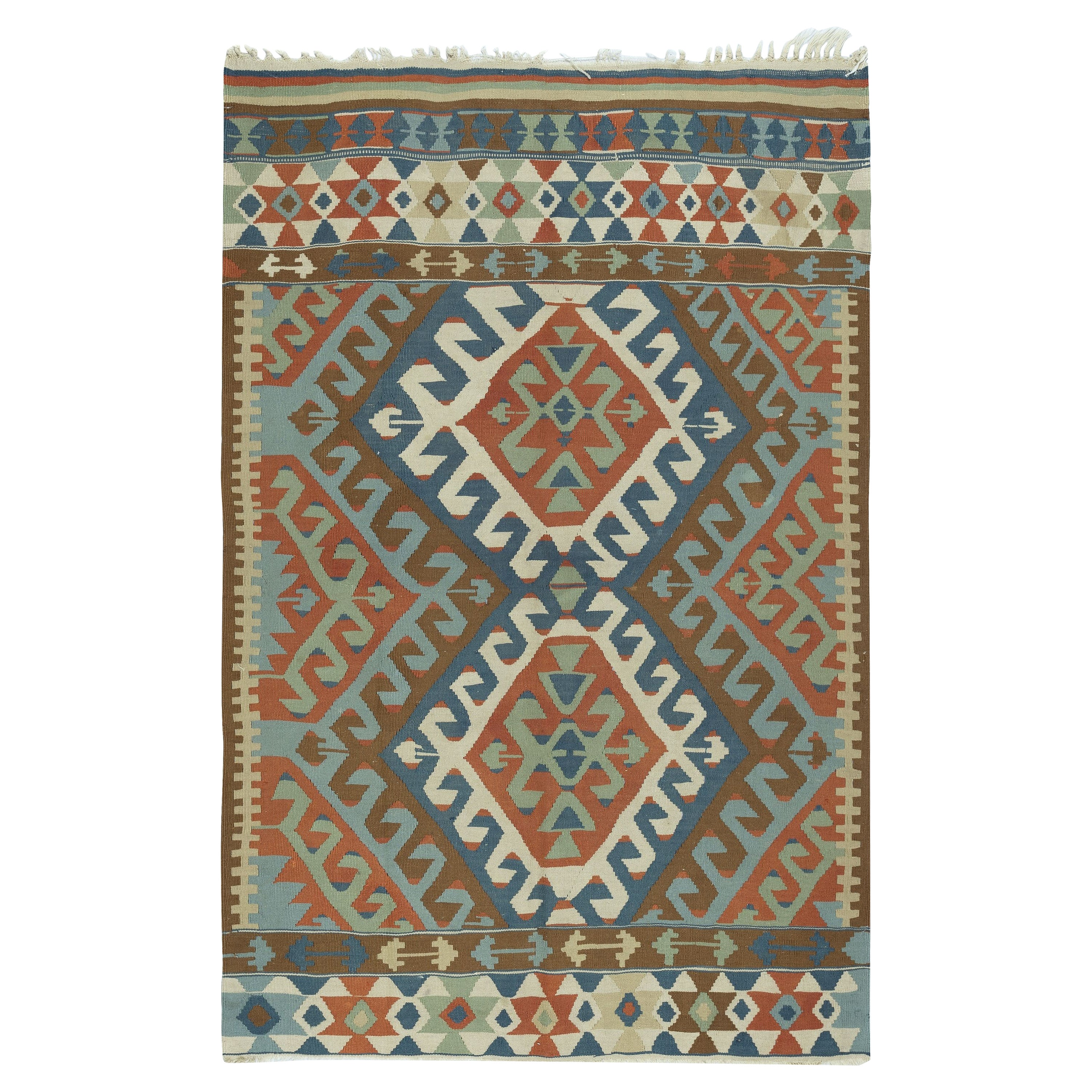 3.8x6 Ft farbenfroher handgewebter türkischer Kelim-Teppich im Vintage-Stil mit geometrischen Mustern