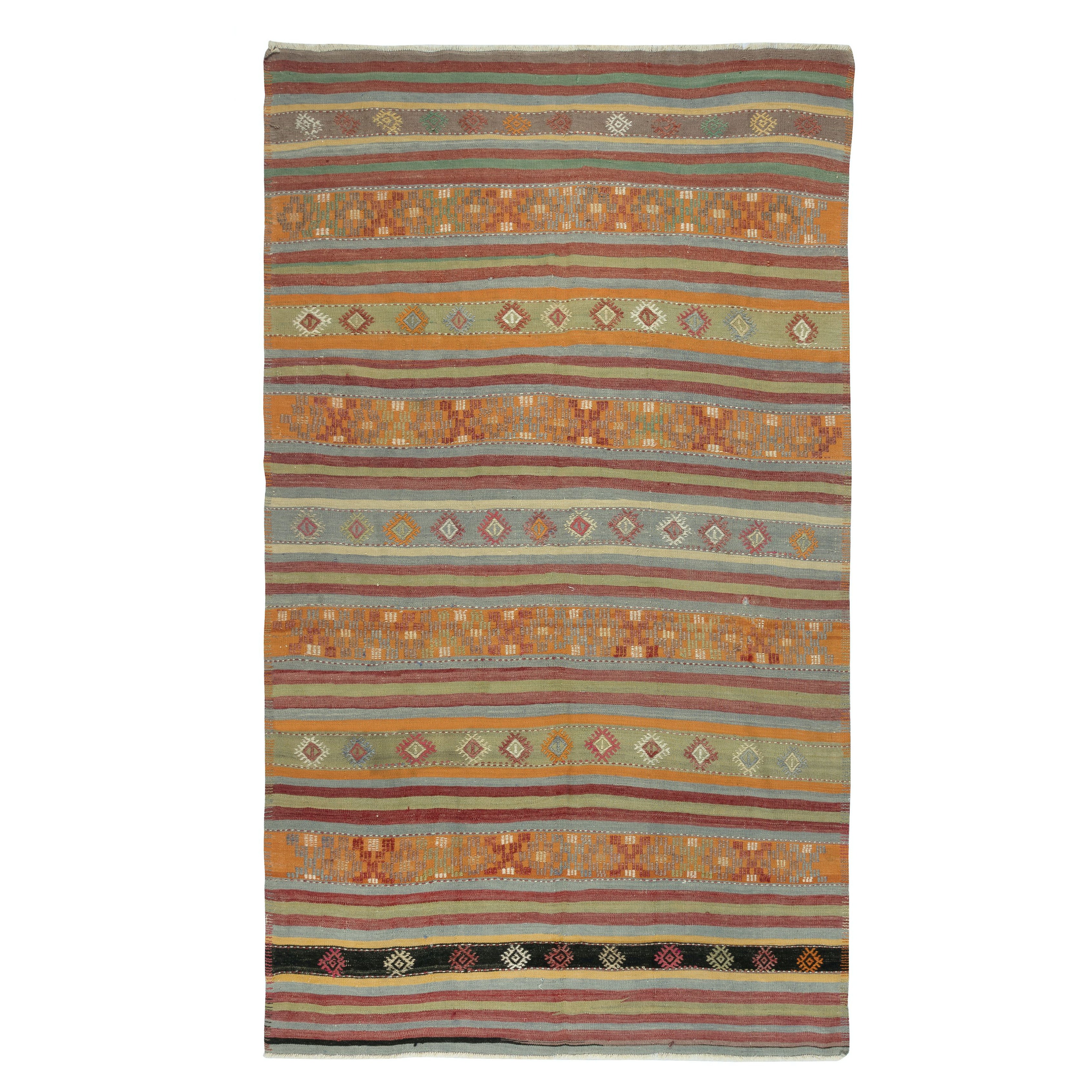 Alfombra Kilim turca vintage tejida a mano con rayas de colores. 100% Lana