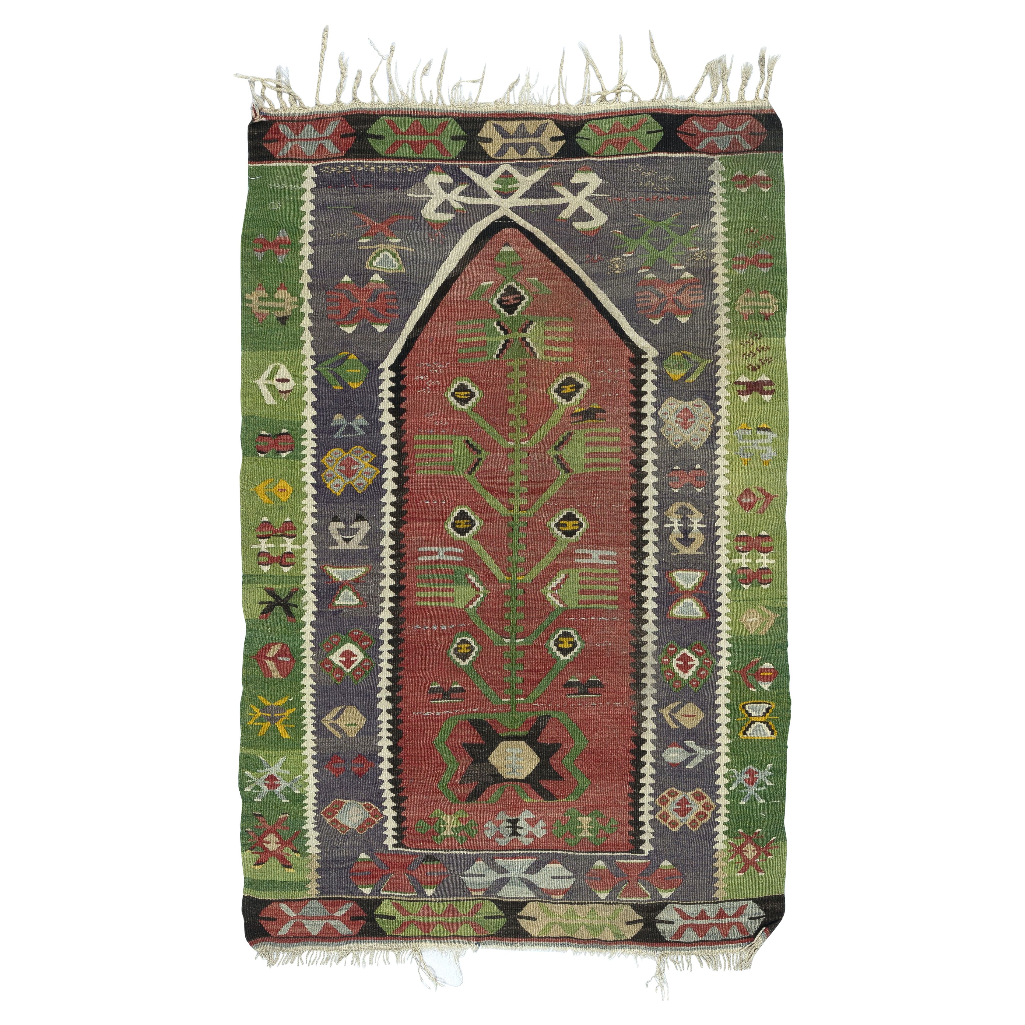 3.4x5.3 Ft Flat-Weave Turkish Small Kilim. 100% Wool. Vintage Prayer Rug