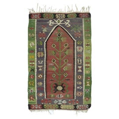 3.4x5.3 Ft Flat-Weave Turkish Small Kilim. 100% Wool. Vintage Prayer Rug