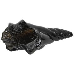 Giant Silver Flecks Black Murano Art Glass Conch Shell Bowl 1
