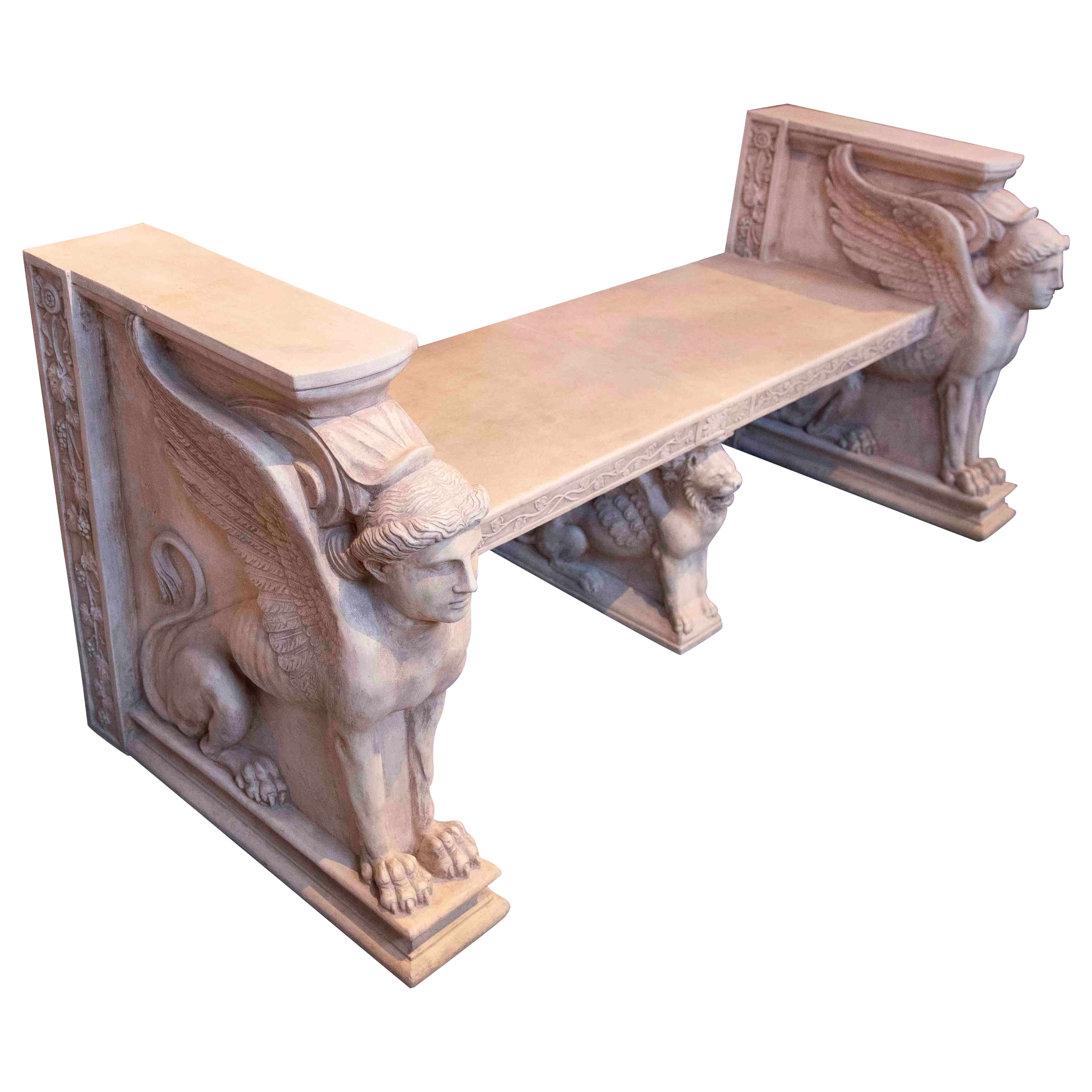 1970s Classic Bench with Terracotta Sphinxes with Lion and Plant Decorations For Sale