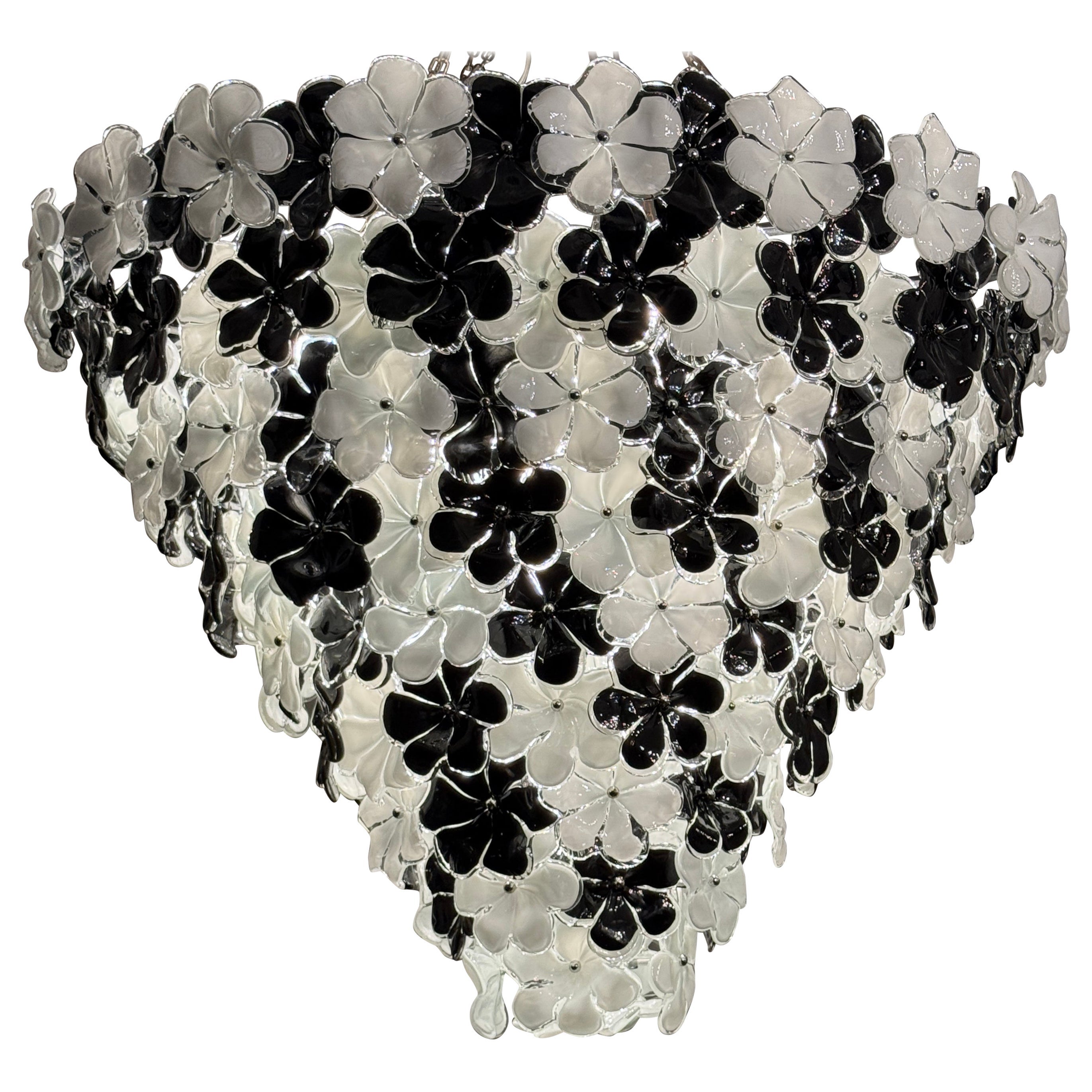 Huge Contemporary Black and White Flower Murano Glass Chandelier