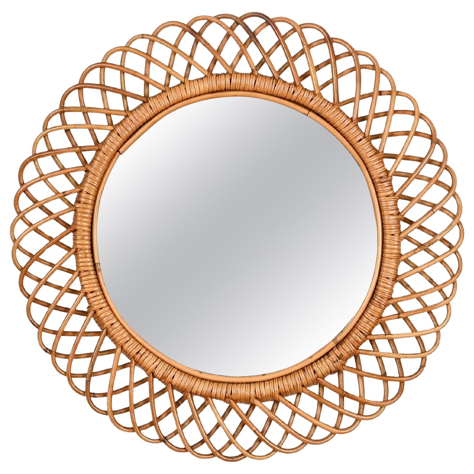 Mid-Century Franco Albini Round Mirror in Rattan and Wicker, Italy 1970s