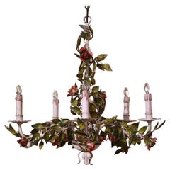 Early 20th Century French Metal Painted Flowers & Leaves Five-Light Chandelier
