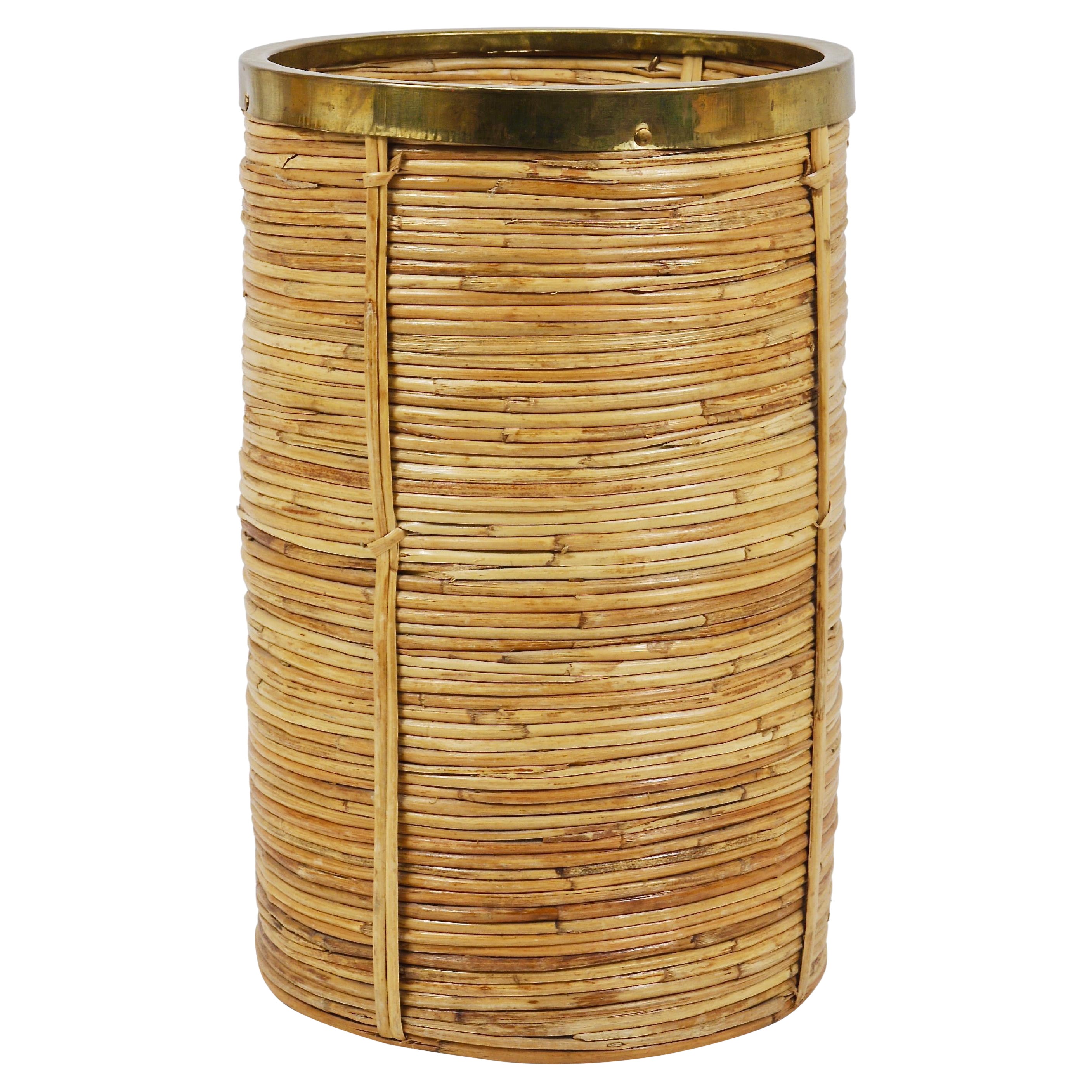 Riviera Style Bamboo & Brass Paper Basket Umbrella Stand, Italy, 1970s For Sale