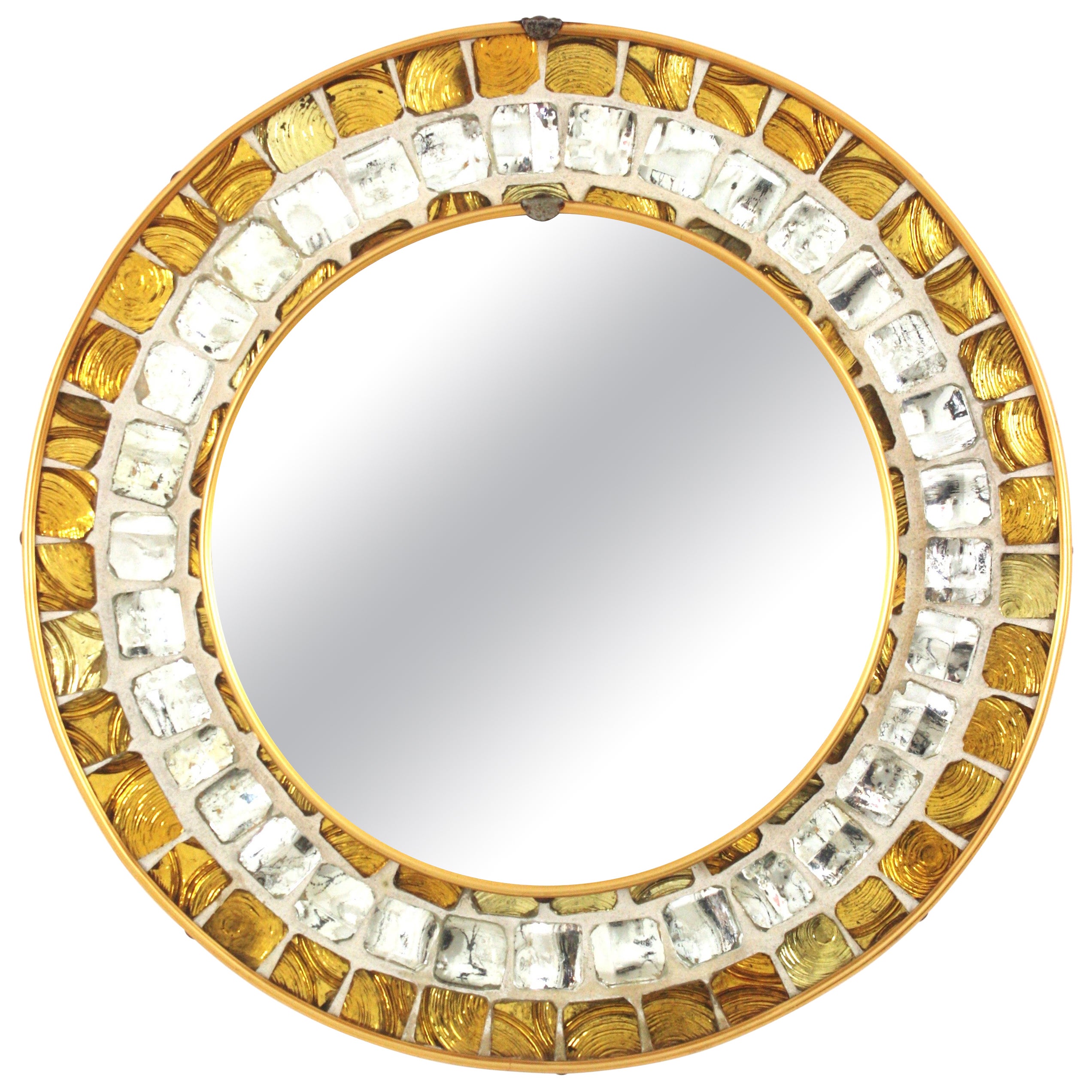Midcentury Round Wall Mirror with Golden and Silvered Glass Mosaic Frame