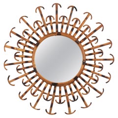 French Riviera Rattan Sunburst Mirror with Curved Endings, 1950s