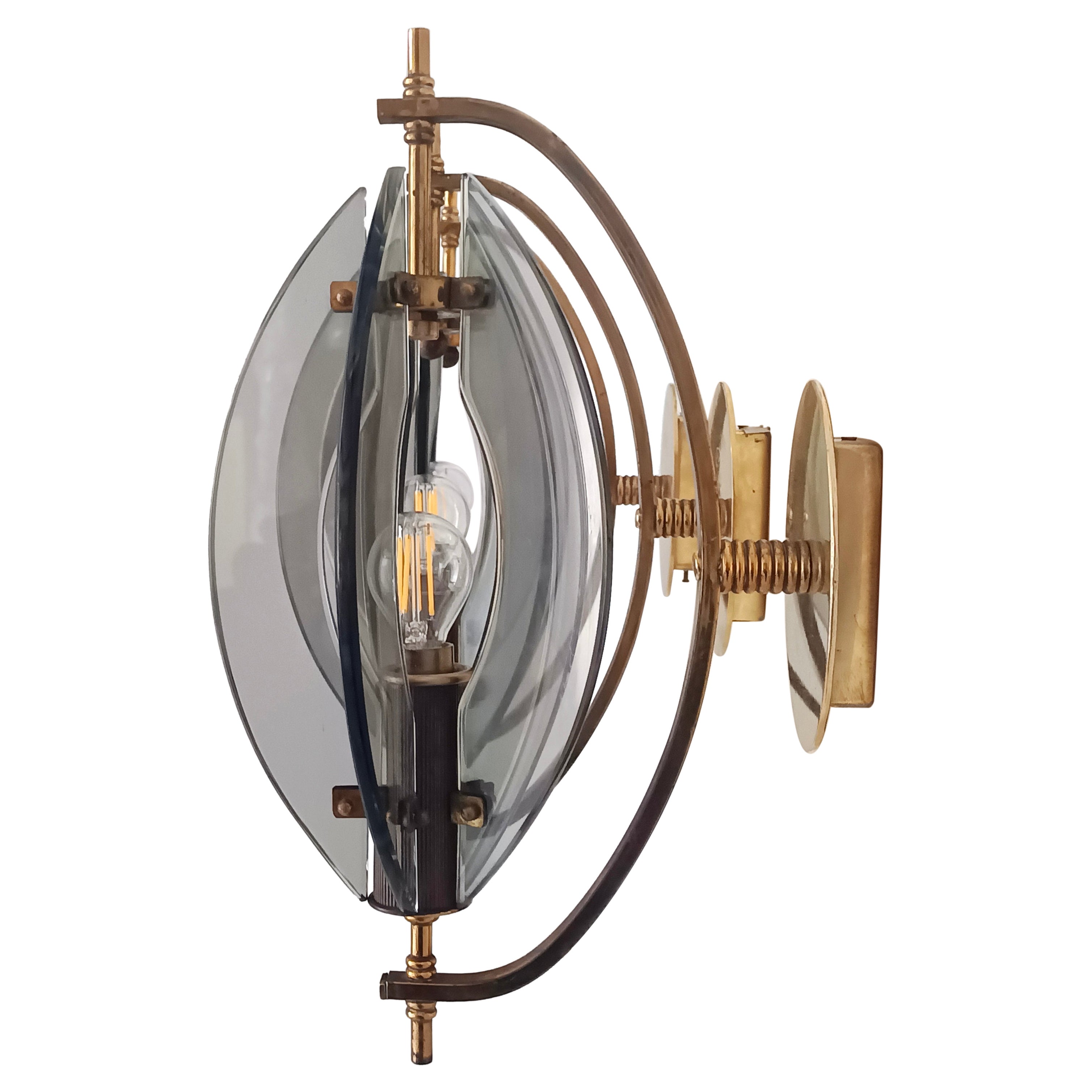 Smoked Glass and Brass Applique / Wall Light by Gino Paroldo
