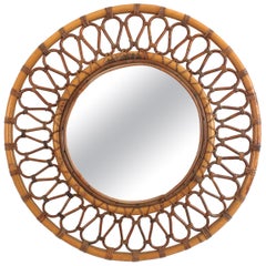 Specchio da parete rotondo in rattan di bambù, Spagna, anni '60