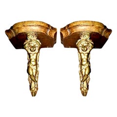 Pair of 19th Century French Bronze and Wood Wall Brackets
