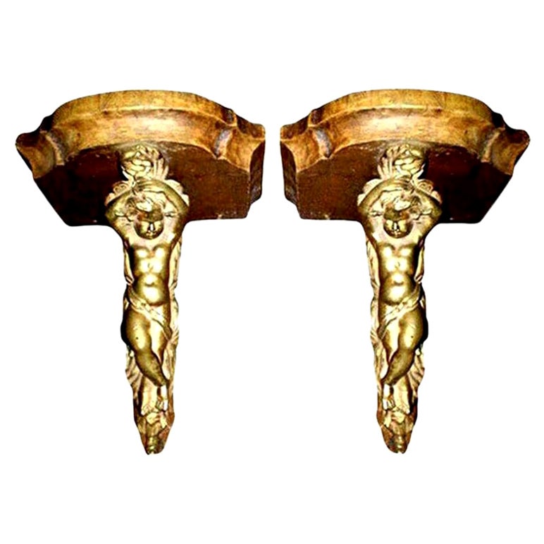 Pair of 19th Century French Bronze and Wood Wall Brackets