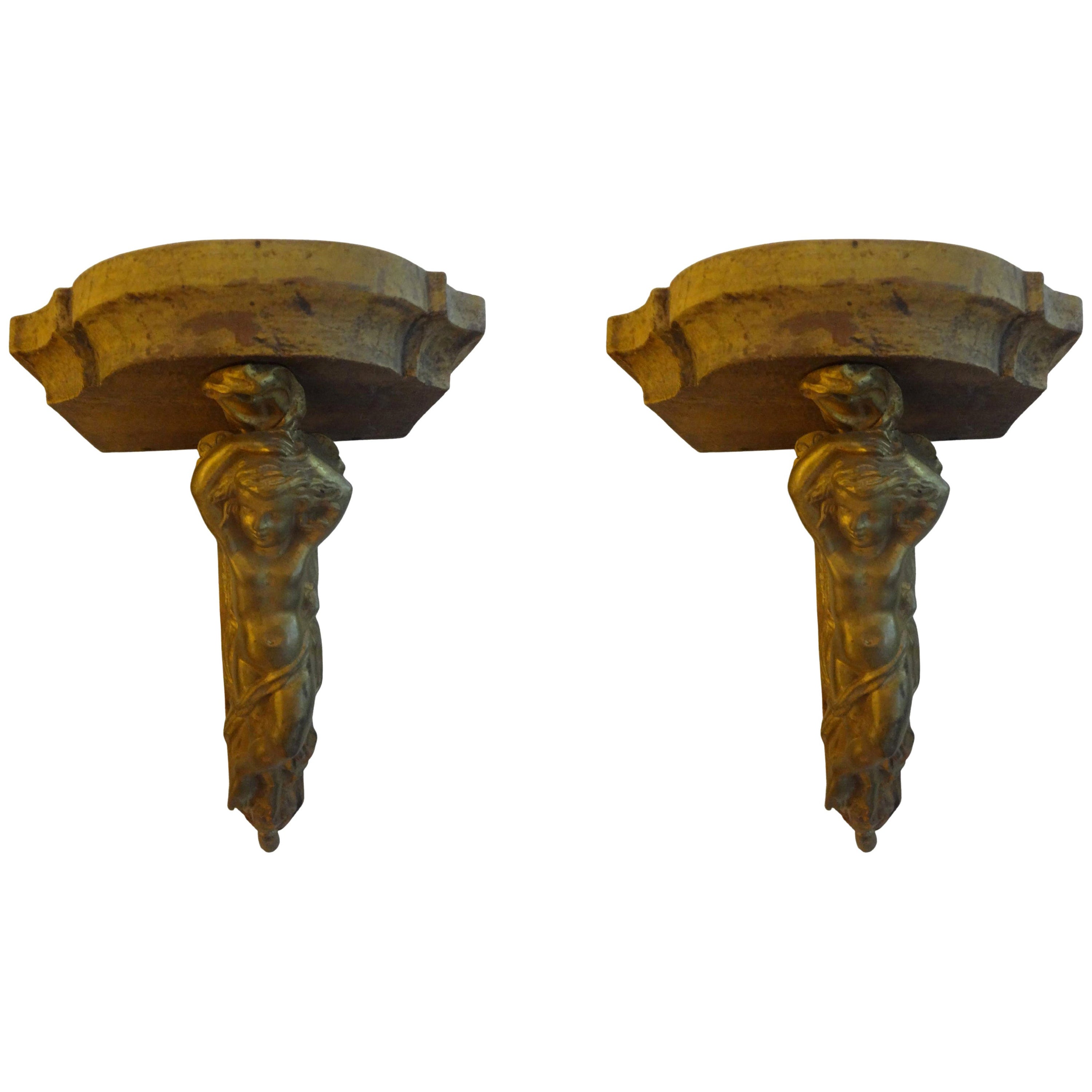 Paire de supports muraux français du 19ème siècle en bronze et bois
