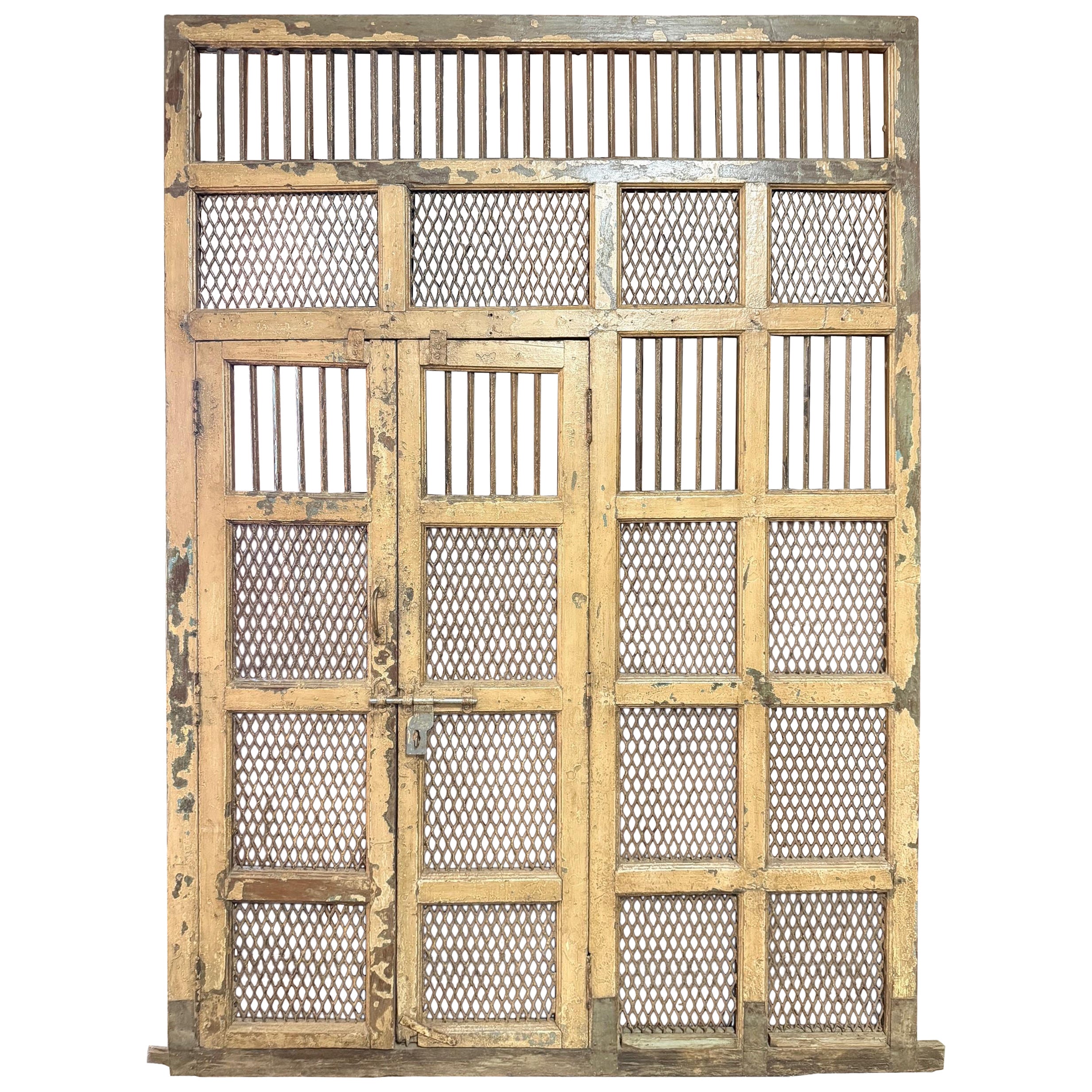 Early 20th Century Iron and Wood Divider or Panel with Doors and Metal Mesh.