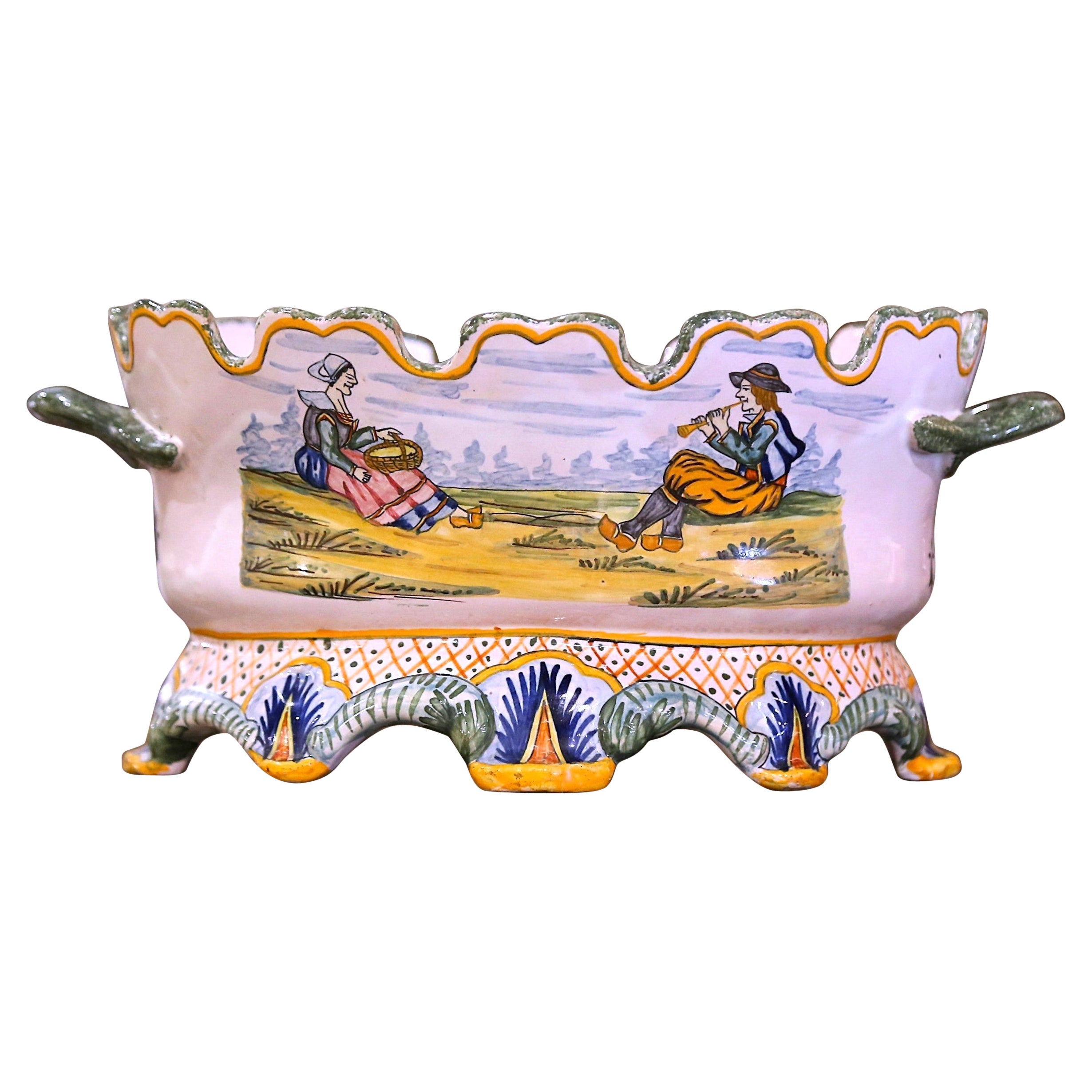 Giardiniera francese del XIX secolo in maiolica dipinta a mano firmata Henriot Quimper