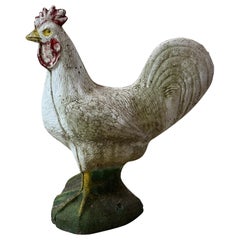 Antique French Painted Cast Concrete Rooster Garden Statue