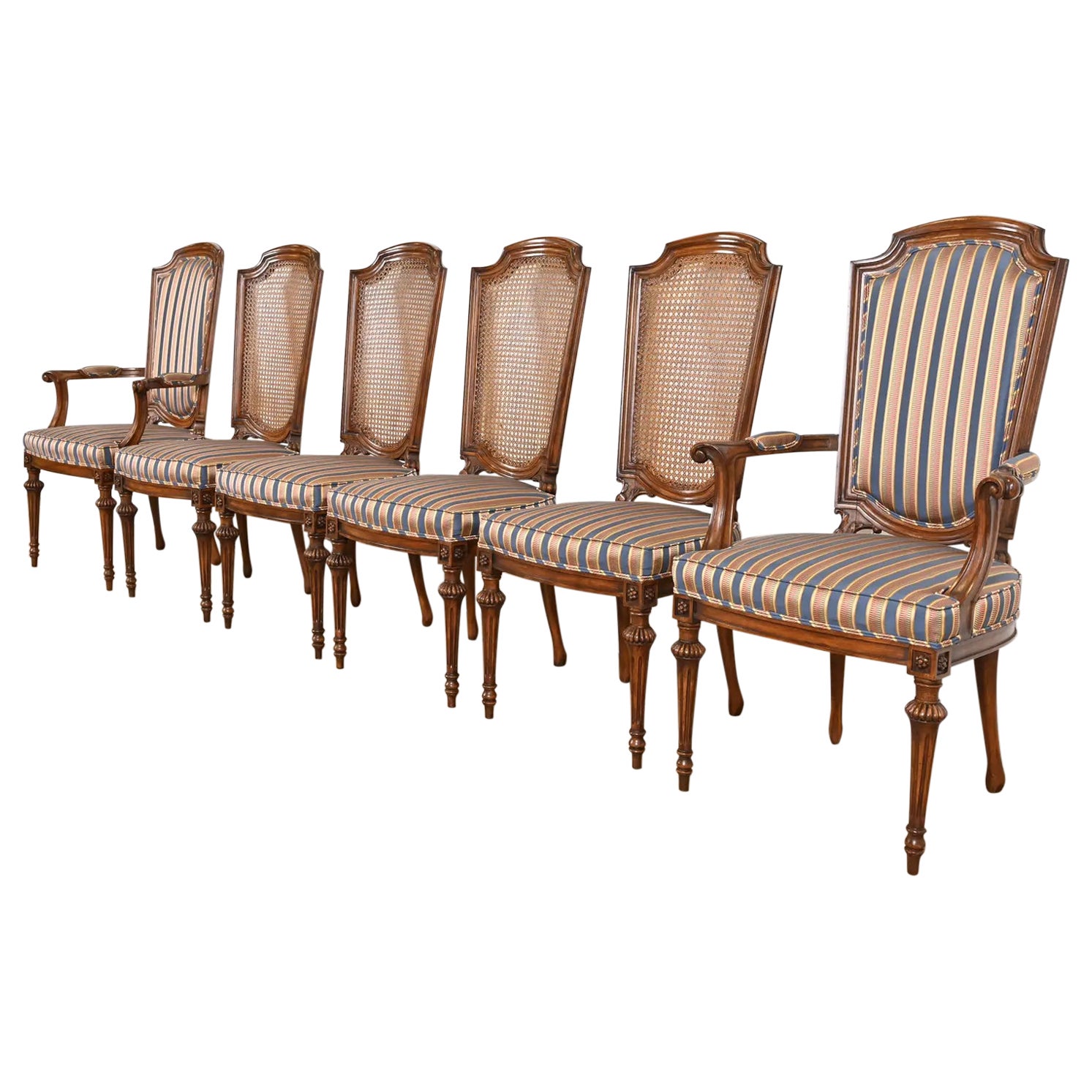 Henredon Style French Regency Louis XVI Carved Walnut Dining Chairs, Set of Six