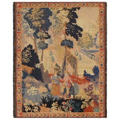 Antique French Tapestry with Pictorial Design in Blue, Teal Green, Yellow & Red