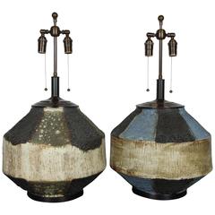 Fabulous Pair of Large Brutalist Ceramic Lamps