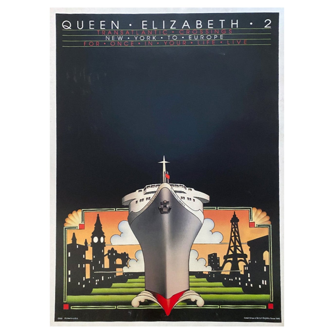 1970 Queen Elizabeth 2 Transatlantic Original Vintage Poster