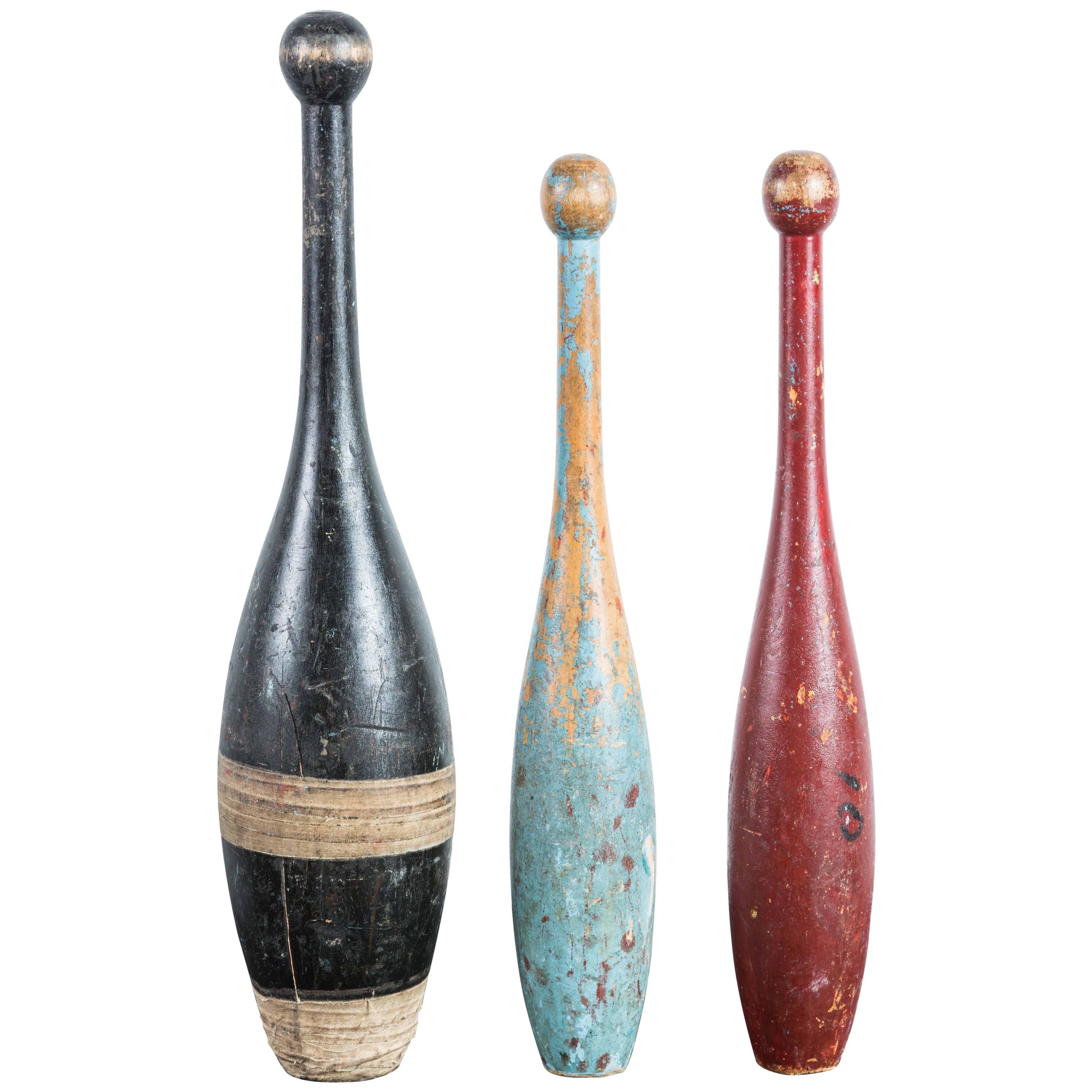 Trio of Early 20th Century Indian Clubs with Original Paint Surface