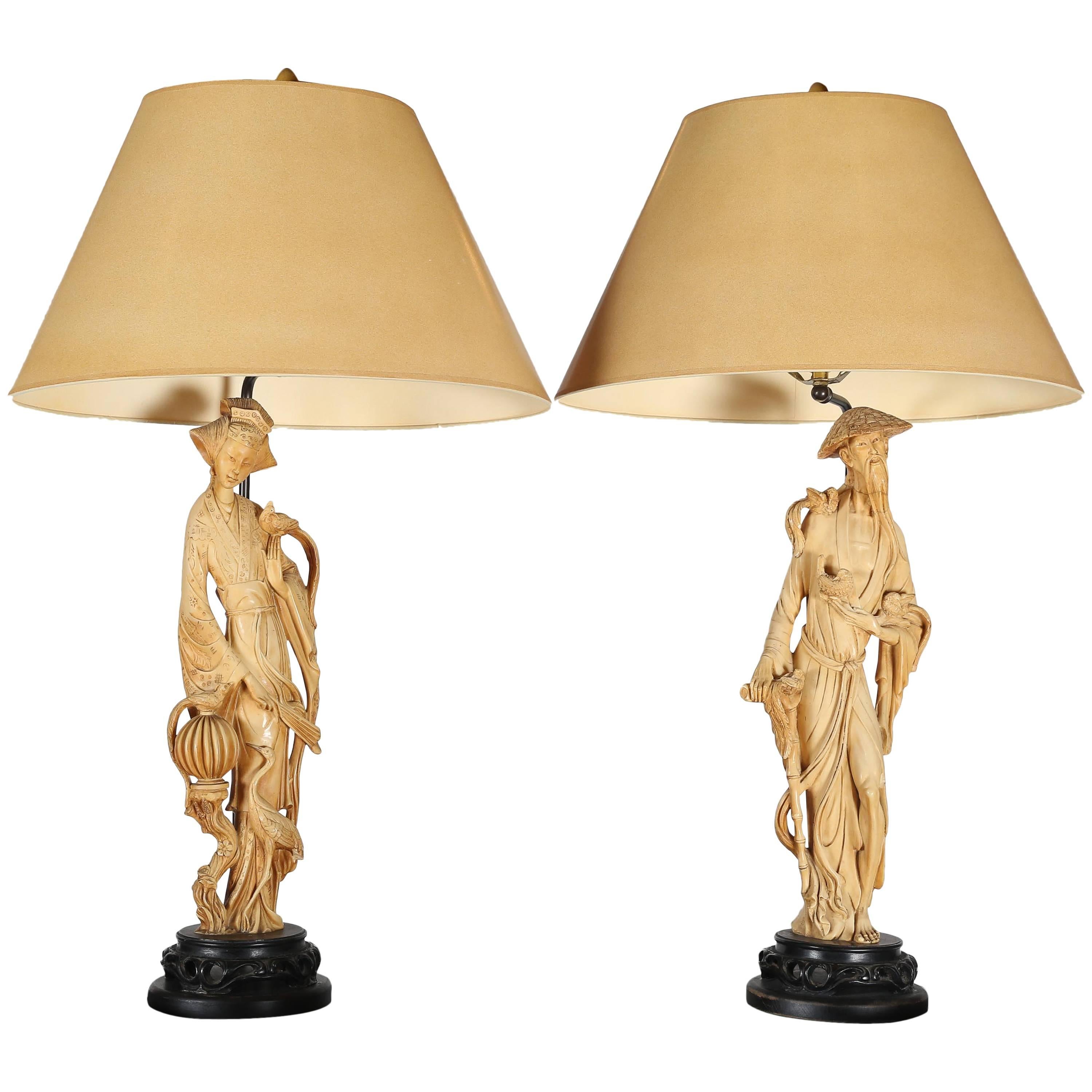 Pair of Vintage Resin Lamps with Highly Refined Carved Chinese Figures For Sale