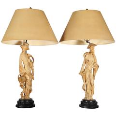 Pair of Vintage Resin Lamps with Highly Refined Carved Chinese Figures