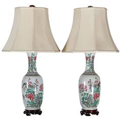 Pair of Chinese Rose and Green Floral Painted Lamps with Butterflies