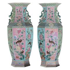 Pastel Colored Pair of Tall Hexagon Chinese Vases